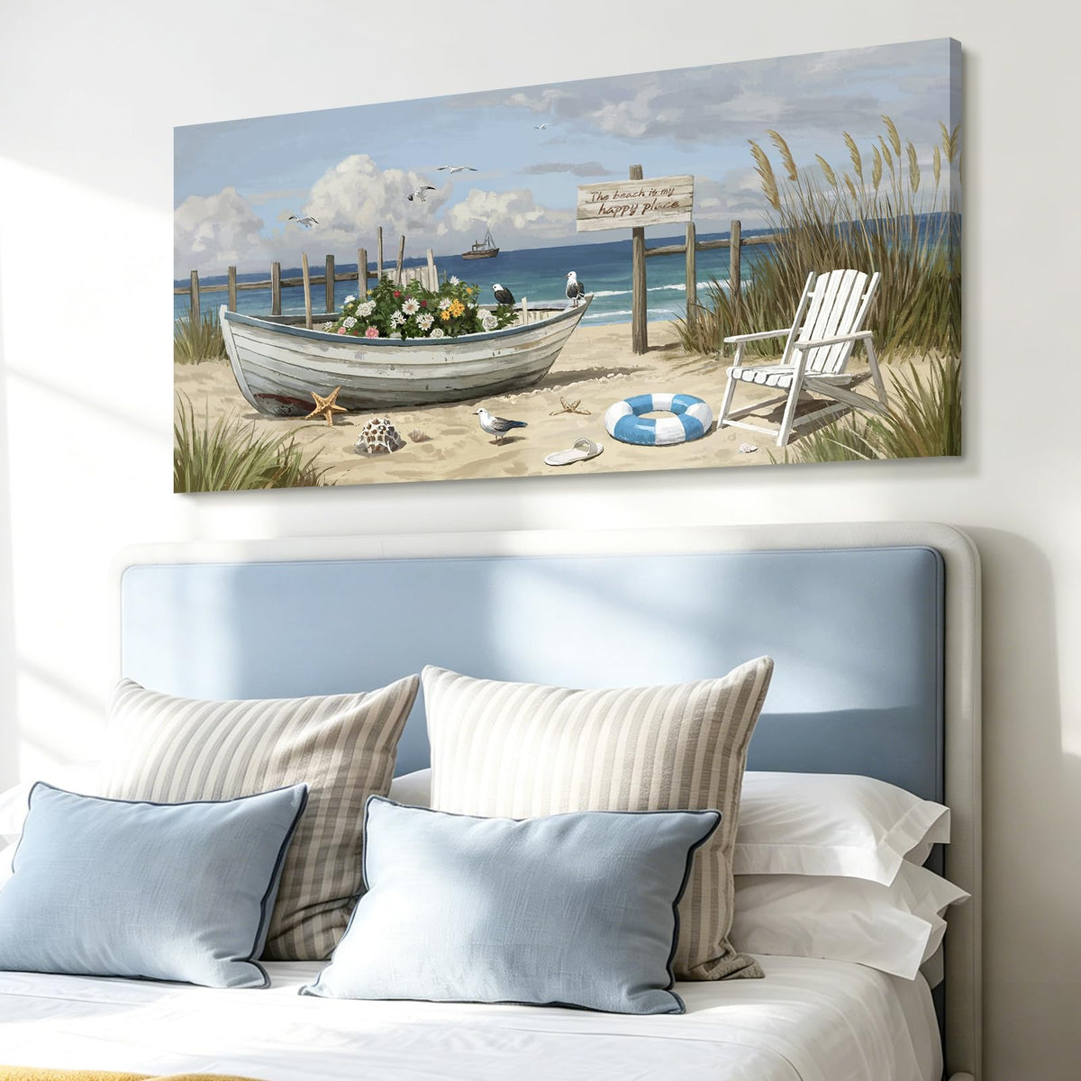 Seaside Wall Art Coastal Landscape Print For Living Room 48X24 In (Blue Seaside Boat Wall Art / 48"L x 24"W)