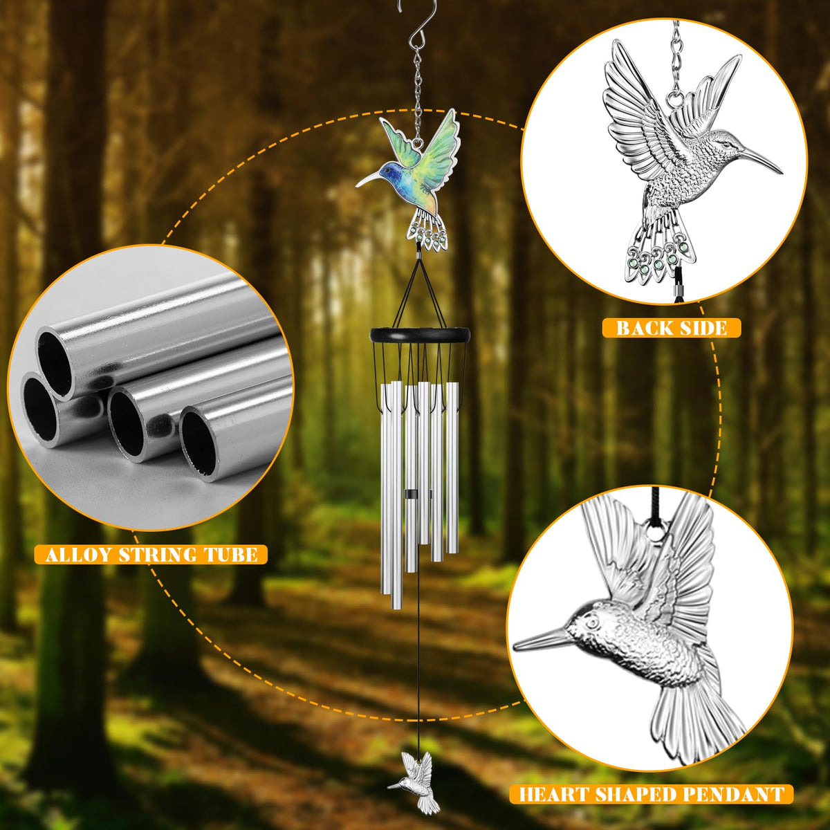 Outdoors Hummingbird Wind Chimes Sympathy Memorial for Loss of Loved One (24.1" Silvery Hummingbird)