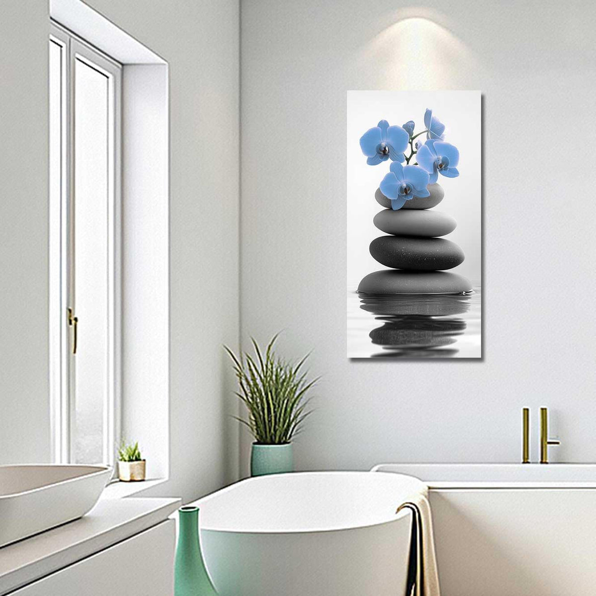 Black and White Bathroom Pictures Zen Wall Art Stone Orchid on Water Poster Prints Floral Relax Grey Canvas Paintings Office Decor Framed (Teal / 56L" x 28W")
