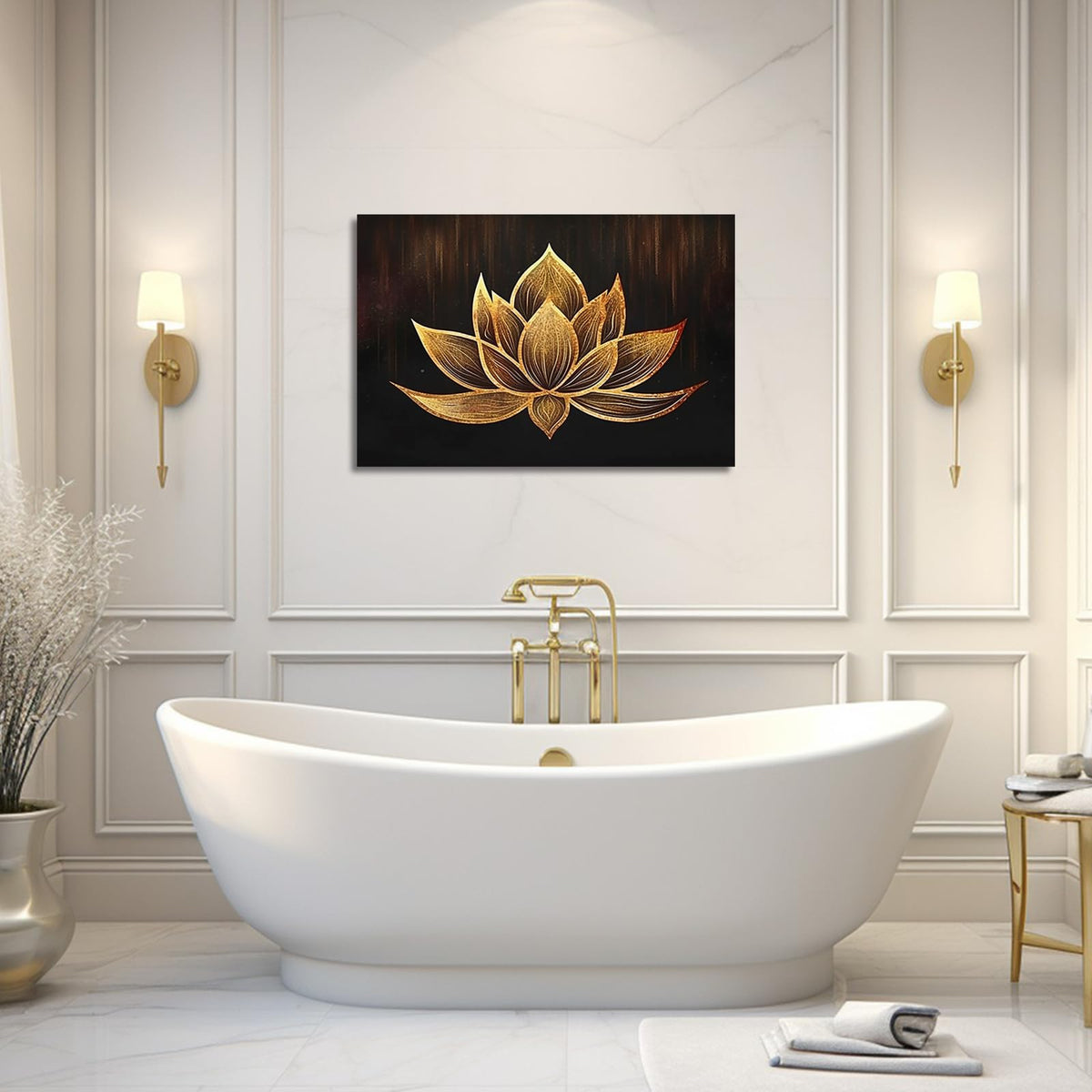 Zen Canvas Wall Art Black and Gold Lotus Flower Bloom Picture Prints Abstract Floral Painting for Spa Meditation Room Decor Framed (24"x36" / Zen-3)