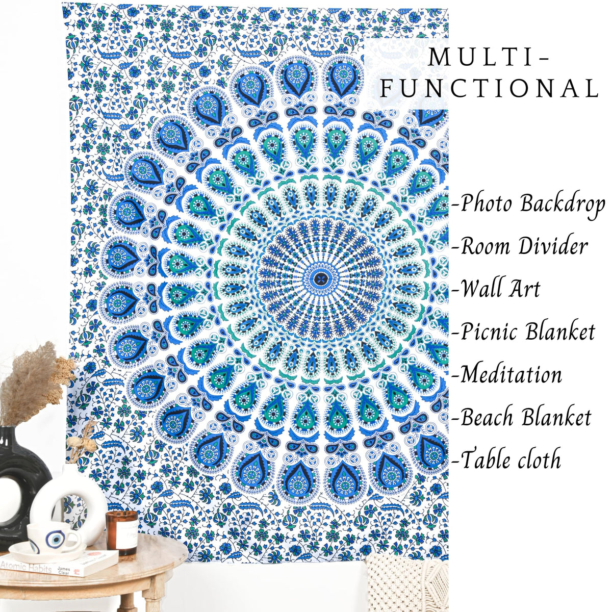 Peacock Tapestry Cotton Wall Hanging Hippy Tapestries Hippie Beach Throw College Dorm Decor Bohemian Boho Bedsheet 50 x 60 Inches (Sky Blue / 60"L x 50"W)