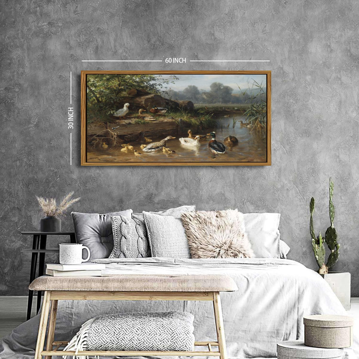 Framed Vintage Animal Wall Art Countryside Duck Wall Decor Rustic Duck Scenic Picture Canvas Prints Painting Abstract Nature Funny Poster Artwork for Living Room Bedroom Office Home Decorations 30x57.8" (30"L x 57.8"W / Duck)