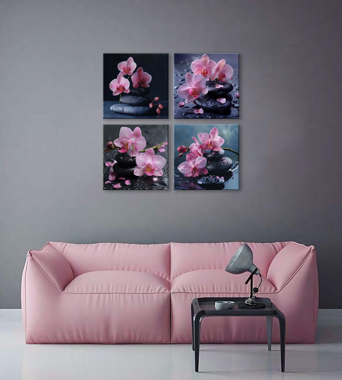 4Pcs Pink Orchid Canvas Wall Art Zen Spa Decor with Black Stones and Water Drops Tranquil Floral Prints Nature Home Decoration for Bedroom Living Room Bathroom Ready to Hang Relaxing Artwork (12X12inchX4 / Pink Orchid)