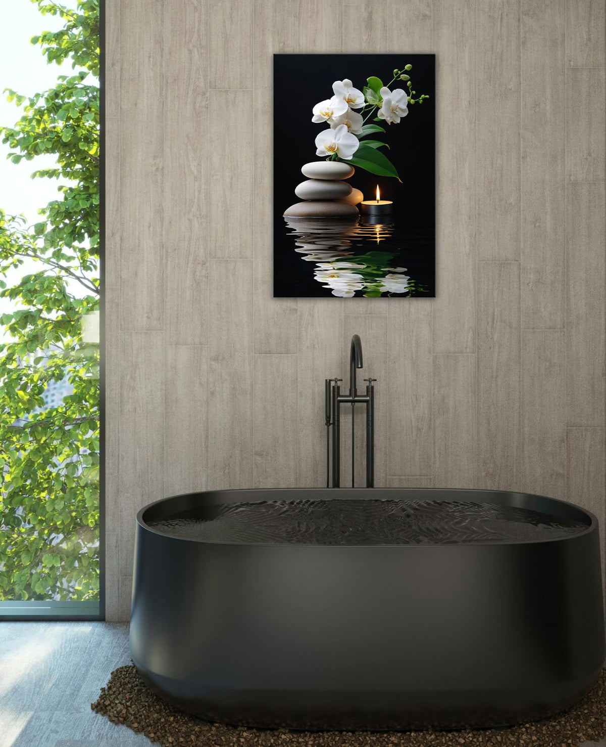 Zen Canvas Wall Art White Orchid Floral Spa Stones Candle in Water Picture Prints Zen Still Life Painting for Yoga Spa Meditation Spiritual Room Bathroom Wall Decor (Artwork-1 / 24"L x 16"W)