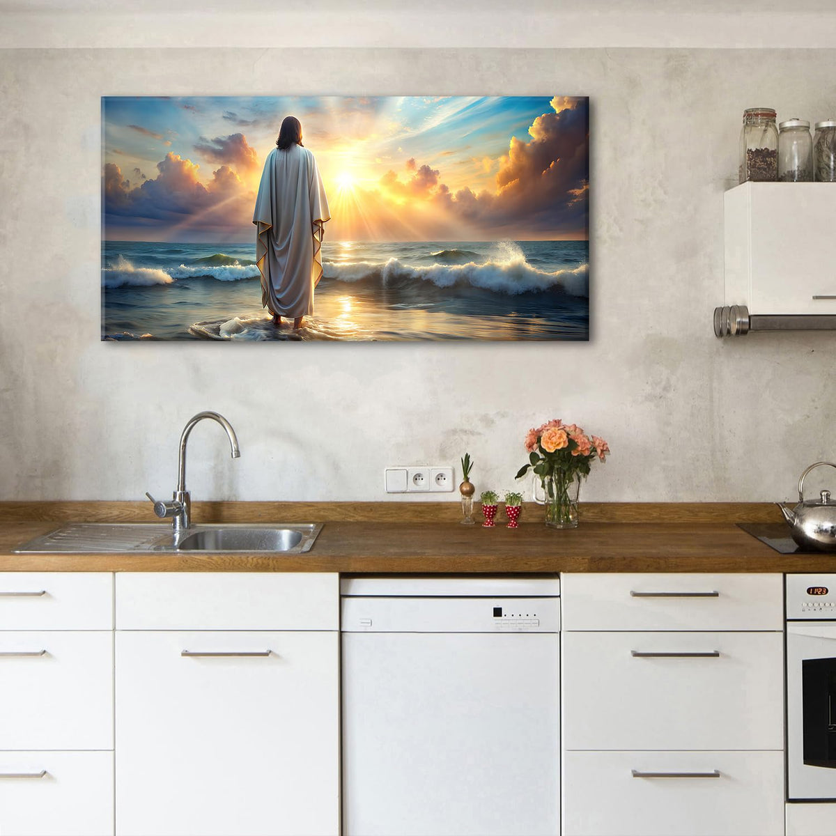 Large Jesus Canvas Wall Art Jesus Walking on Water Wall Decor for Living Room Office Inspirational Christian Picture Prints Sunset Ocean Coastal Painting Religious Poster Artwork Decorations 24x48” (48"L x 24"W / JESUS01)