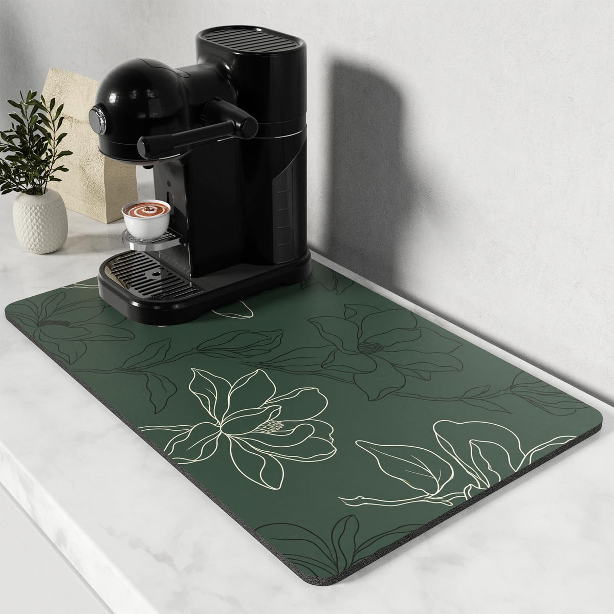 Coffee Mat 12" x 19" Coffee Bar Mats for Espresso Machine Station Accessories and Organizer (Line Art Magnolia / 12" x 19")