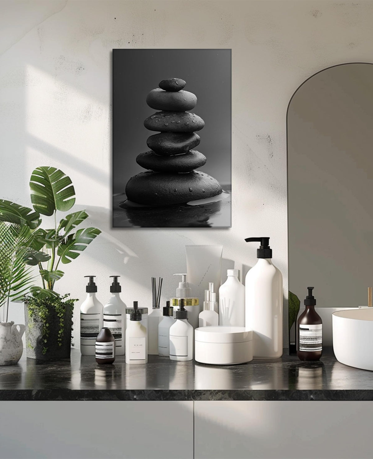 Zen Wall Art Bathroom Decor Black and White Canvas Prints Spa Stones on Water Picture Relax Artwork for Living Room Bedroom Home Office Decor Frmaed (Zen-2 / 36"L x 24"W)