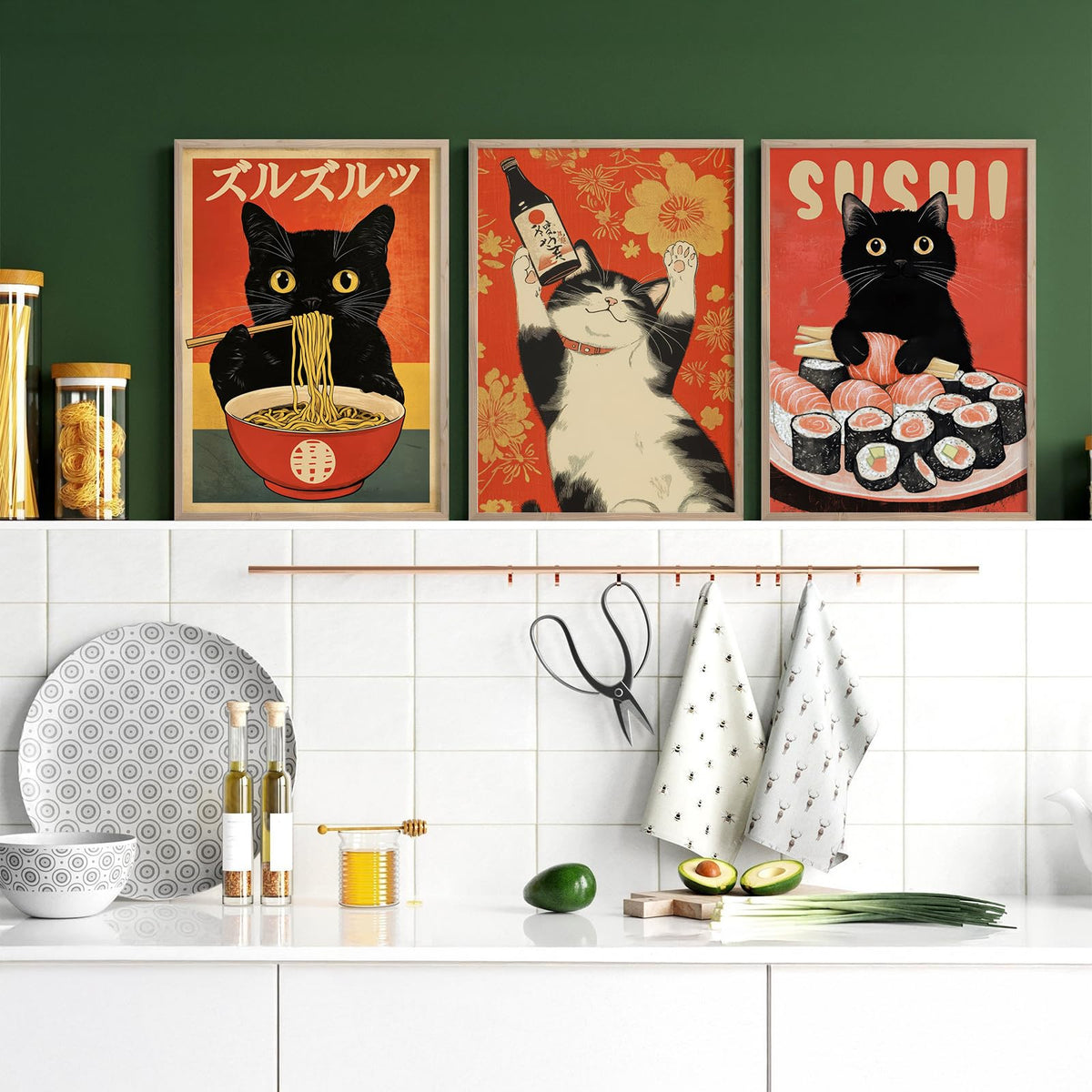 Japanese Cat Wall Art Set of 3 Black Cat Eating Ramen Canvas Posters Cute Cat Kitchen Decor for Dining Room Funny Noodle Shop Wall Art Vintage Japanese Print 16x24 Inch Unframed (24L" x 16W" Unframed / Sushi Cat)
