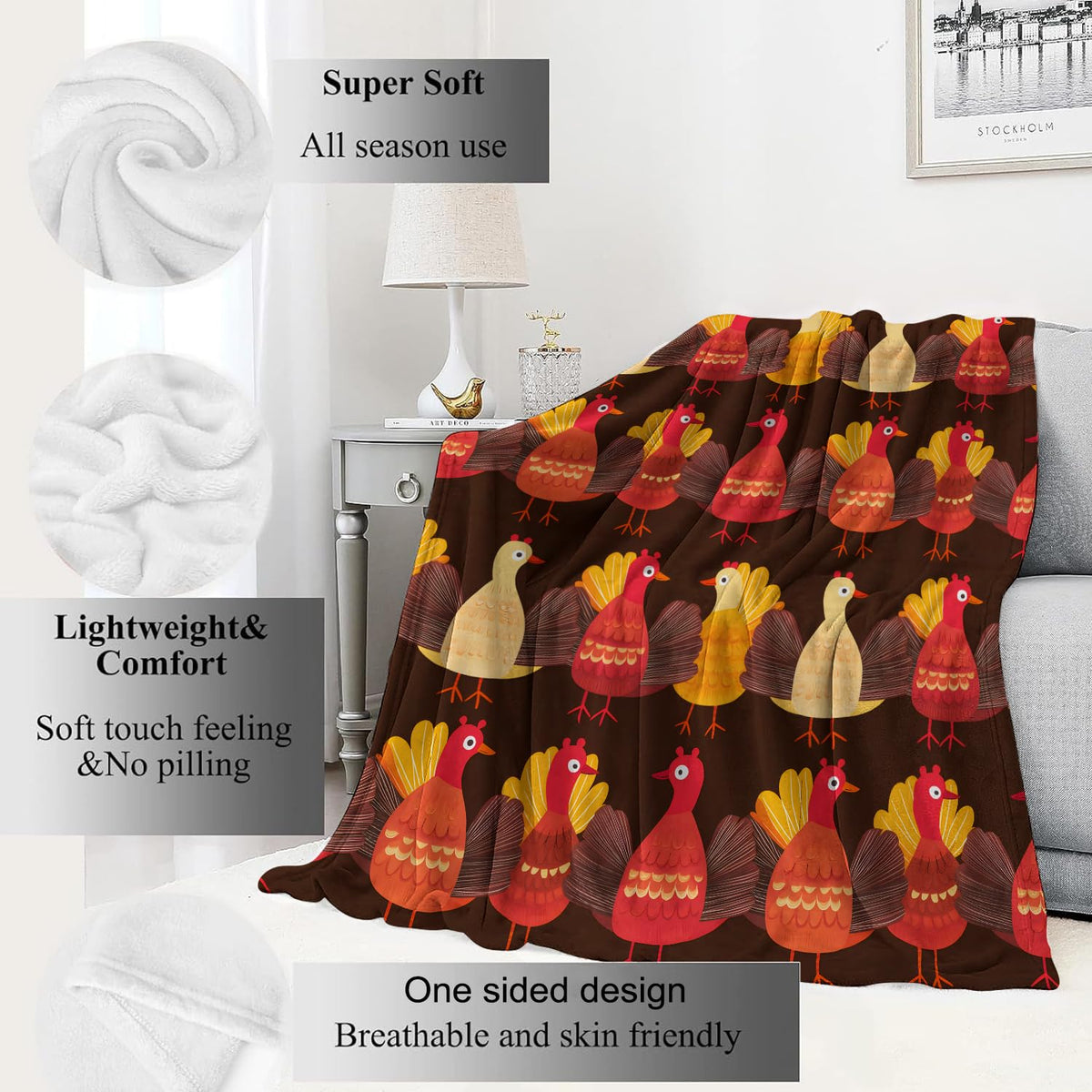 Thanksgiving Turkey Blanket Festive Autumn Throw Blankets (60x80in / Thanksgiving 02)