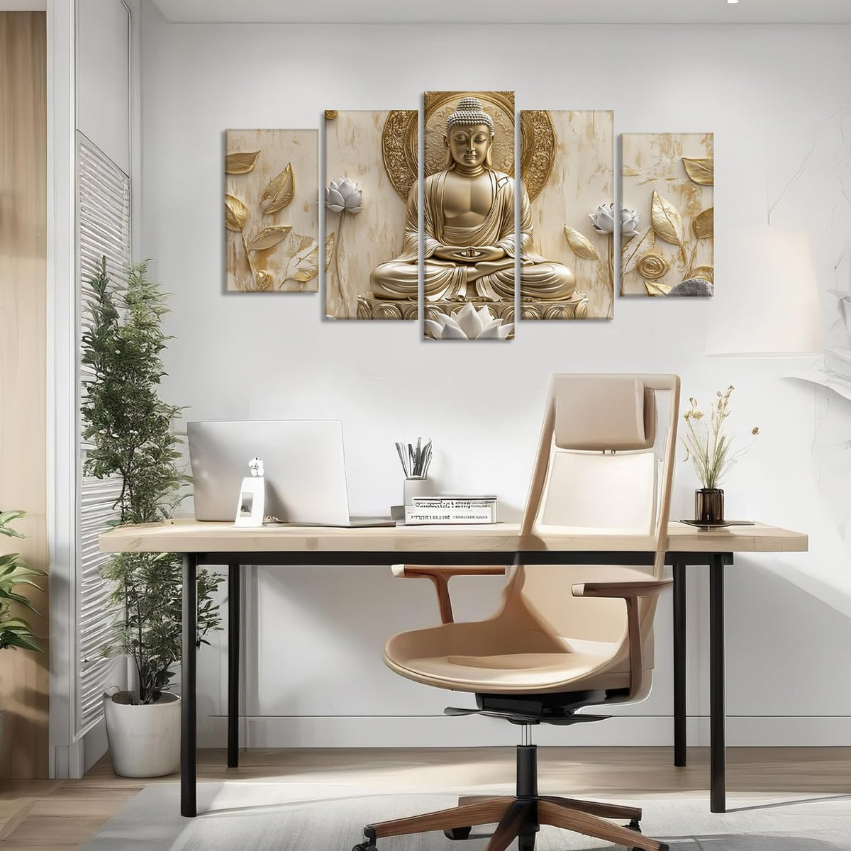 Buddha Canvas Wall Art 5 Piece Zen Wall Decor Buddhism Meditation Picture Flower Leaf Prints for Spiritual Room Living Room Home Decor Framed (50x24 inch / Picture-2)