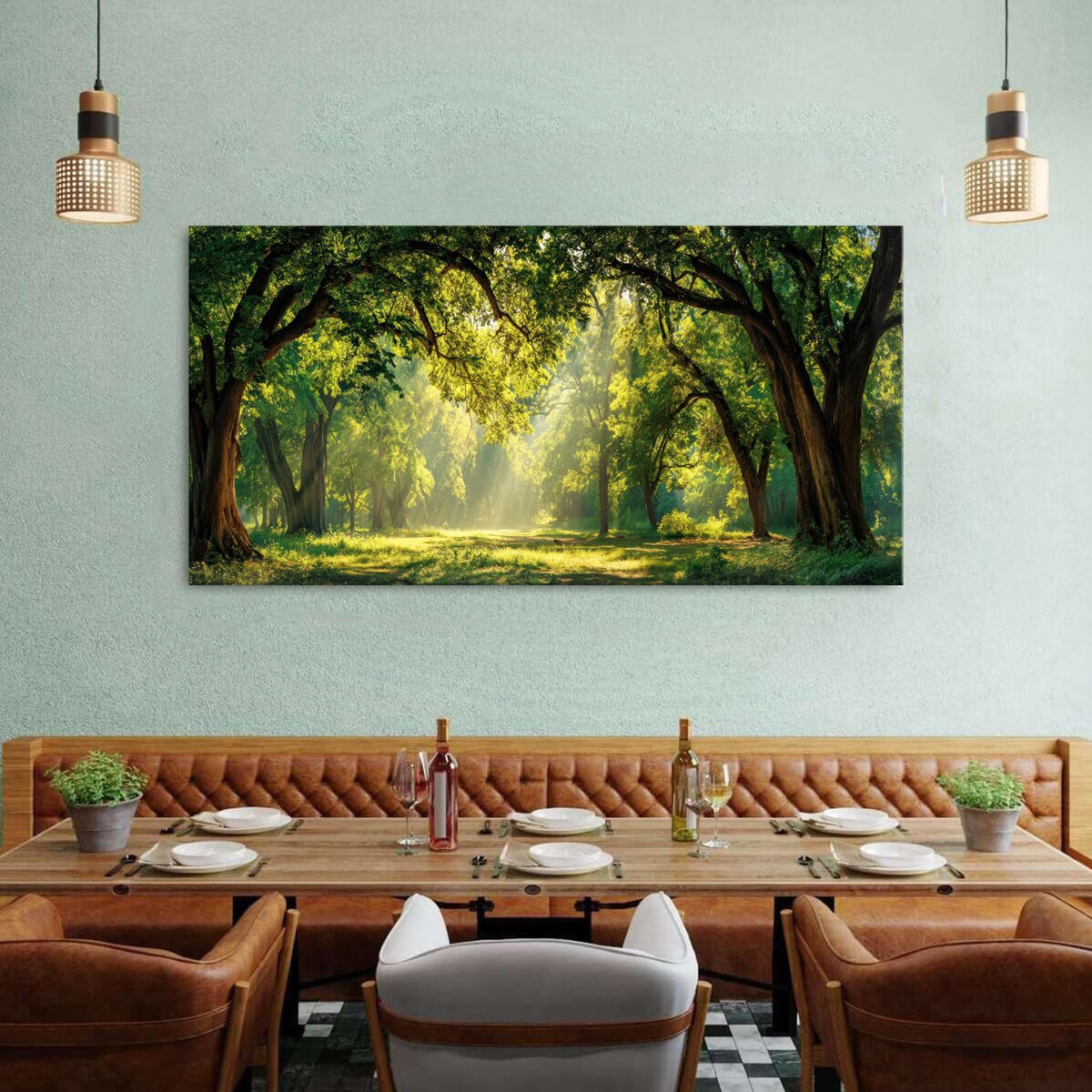 Green Forest Wall Art Panoramic Woodland Landscape Canvas Pictures Nature Wall Decor Sunrise Sunlight Trees Scenery Poster Living Room Bedroom Office Hallway Cabin Lodge Home Decoration 30x60 (60"L x 30"W / Forest)