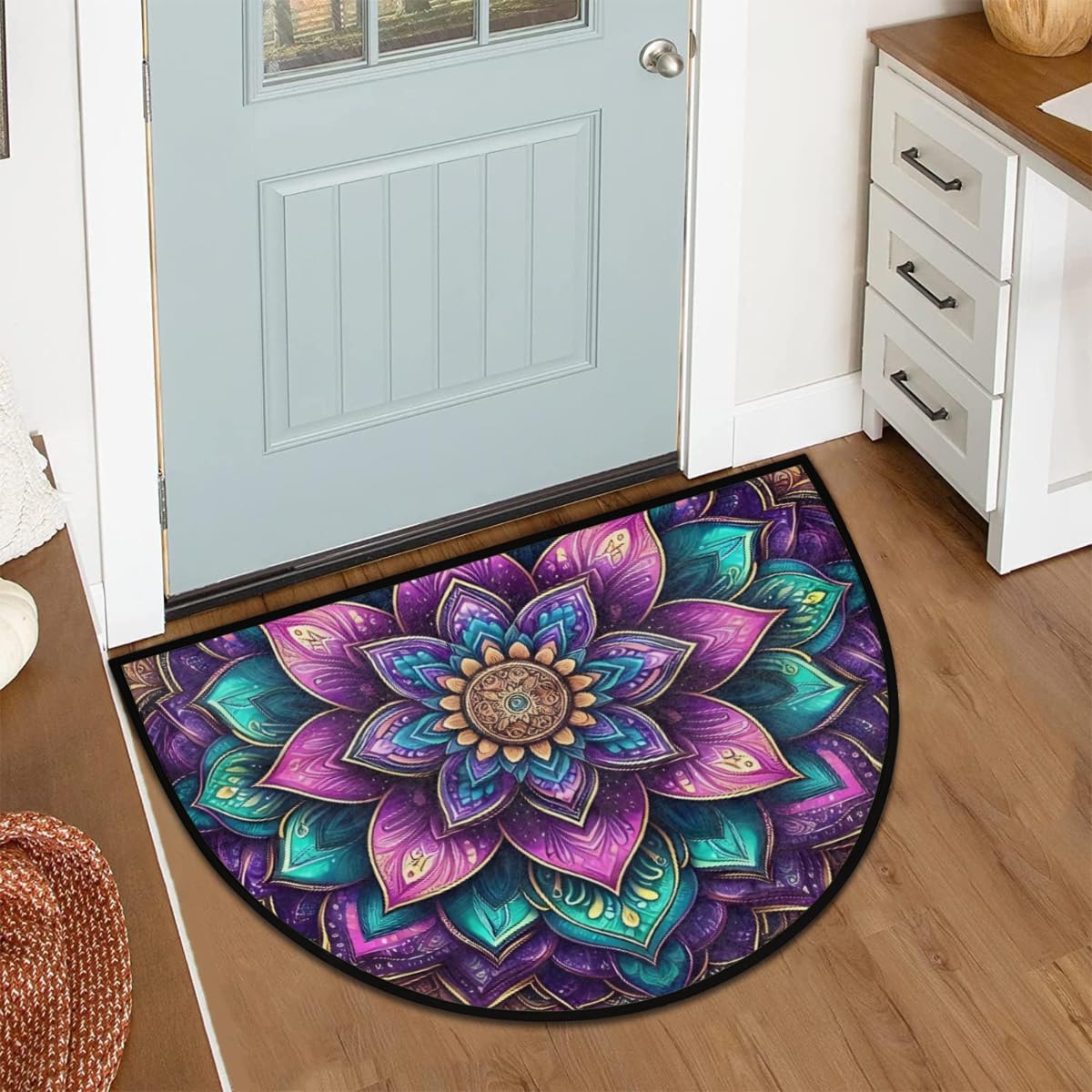 Mandala Flower Half Round Door Mat Indoor Entrance Semi Circle Area Rugs (Z Mandala Flower Boho Color)