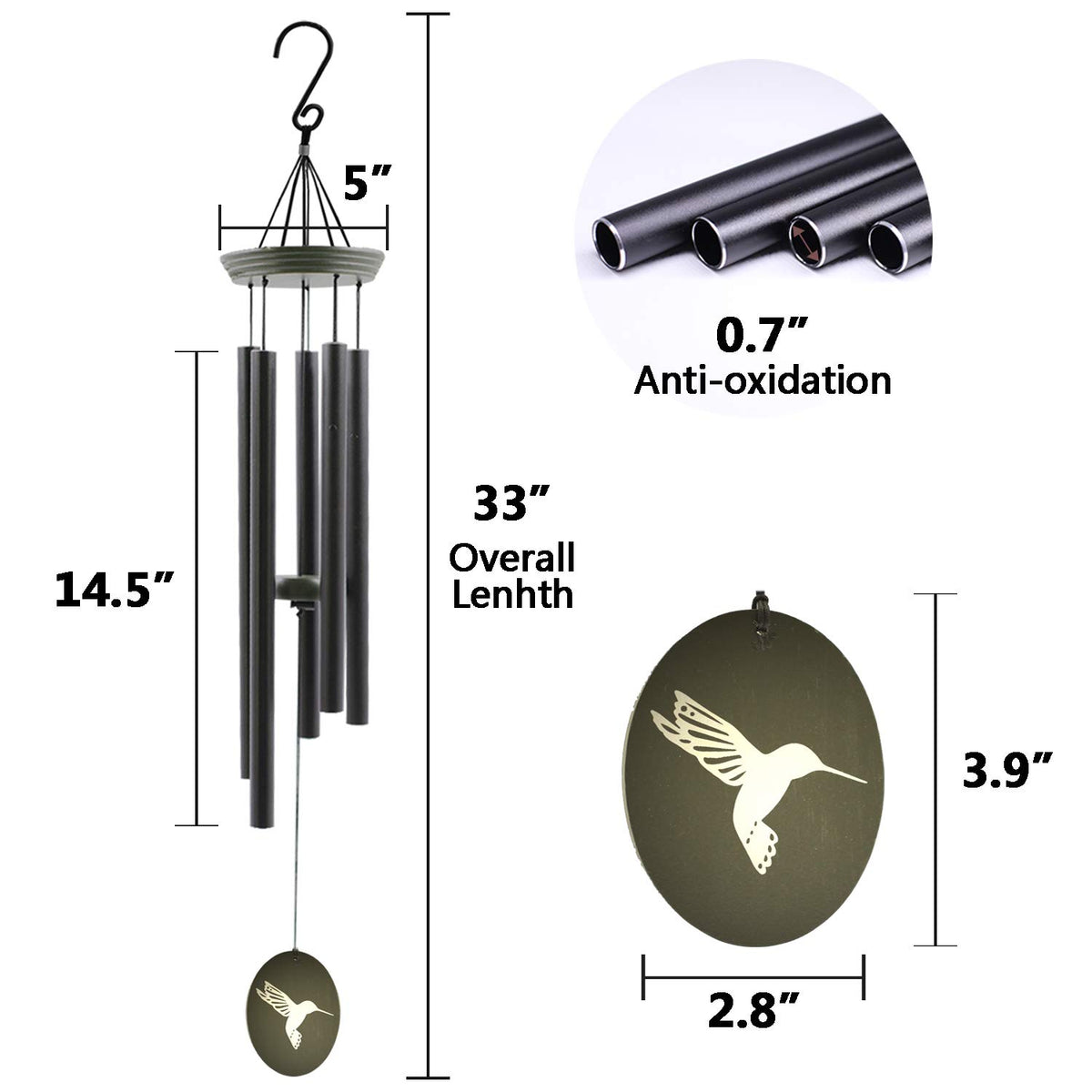 Hummingbird Wind Chimes for Outside (33" Green Hummingbird)