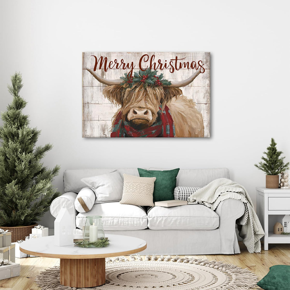 Merry Christmas Wall Art Farmhouse Highland Cow Pictures Wall Decor for Living Room Rustic Country Farm Animal Canvas Prints Vintage Christmas Artwork for Kitchen Dining Room Home Decorations 32x48" (48"L x 32"W / Xmas Cow)