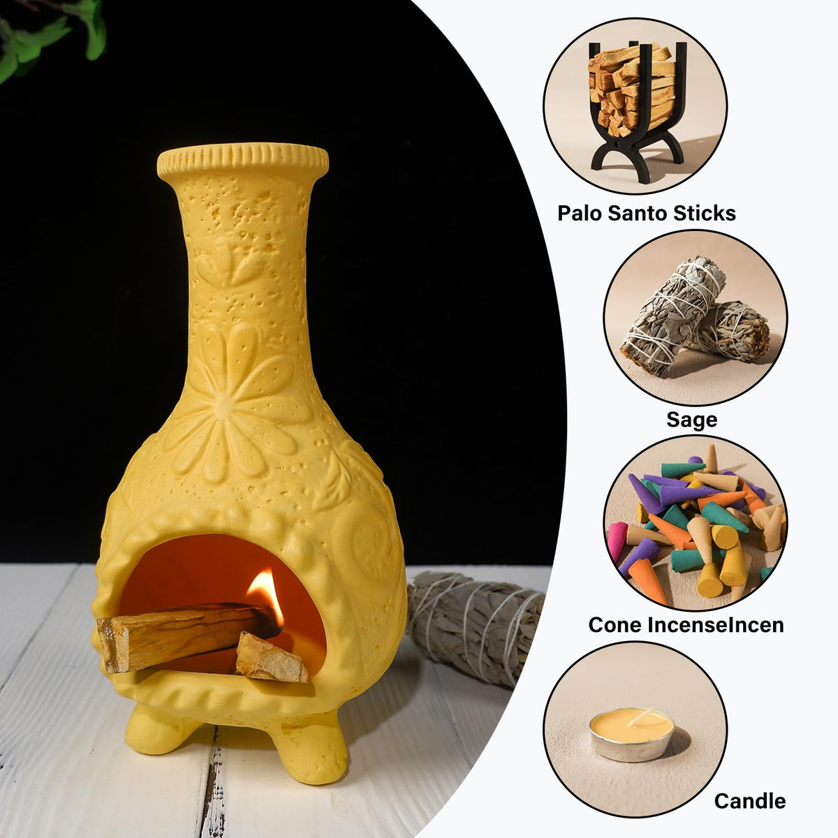 Yellow Floral Palo Santo Chiminea (Flower Palo Santo Holder-yellow)