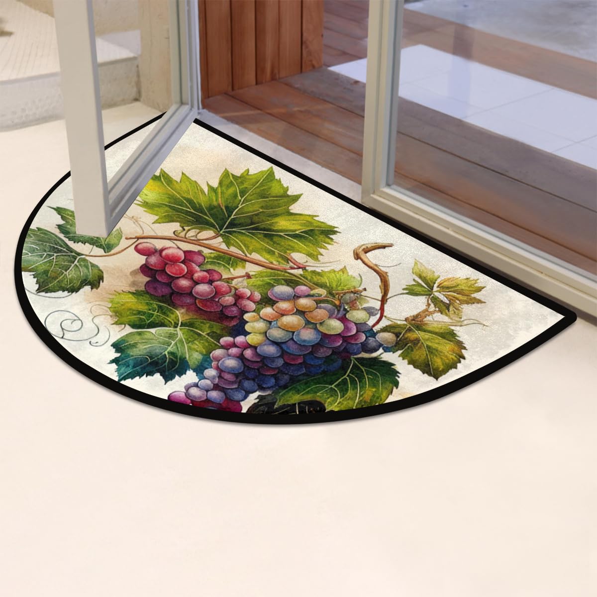 Hand Painting Fruit Grape Half Round Doormat Washable Semi Circle Area Rug Non Slip Absorbent Half Moon Rugs for Indoor Outdoor Kitchen Bathroom Bedroom Living Room Fireplace Floor Carpet Decor (B09:grape)