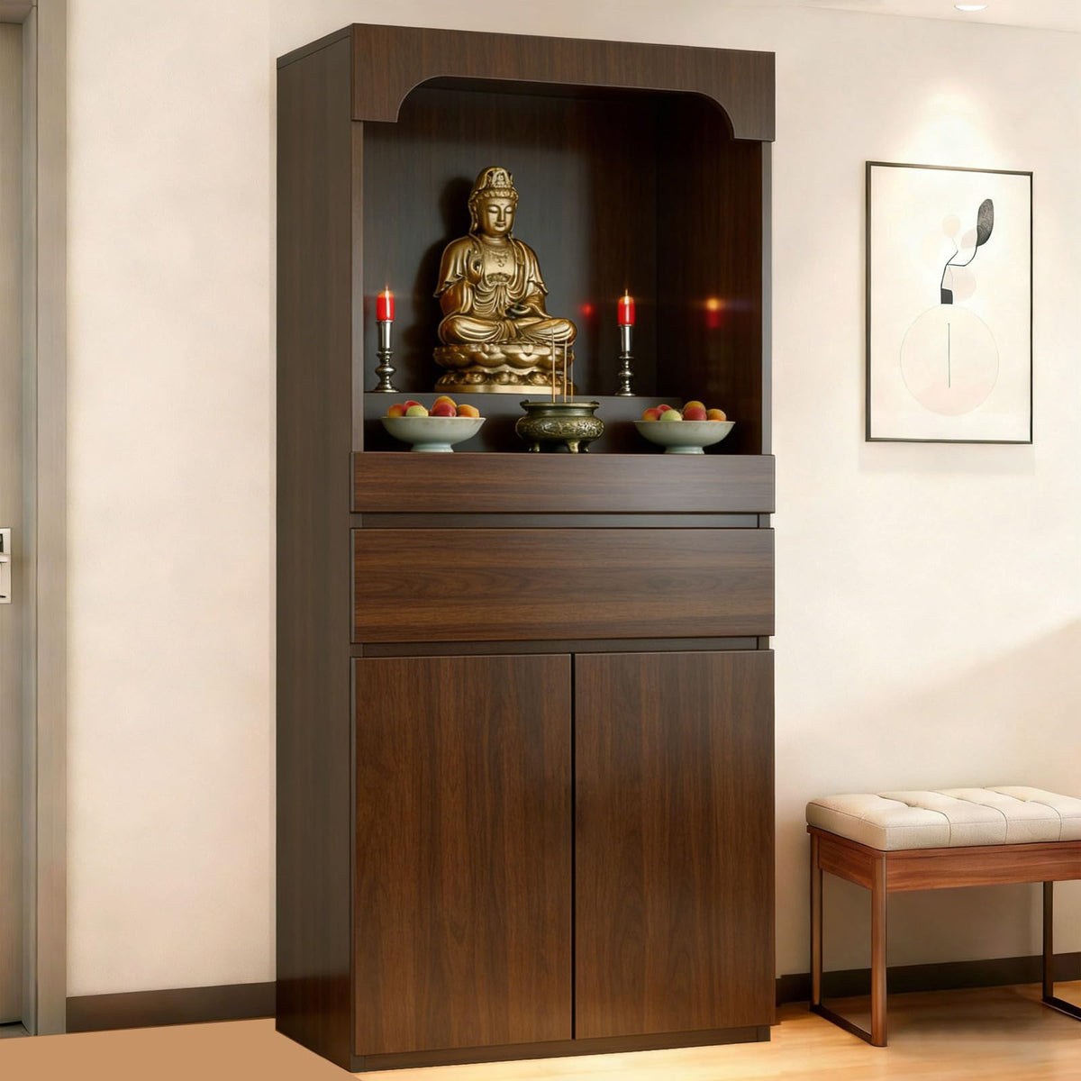 Altar Table Pooja Cabinet with Drawers and Storage Cabinets (19.7×15.7×65.4in / Dark Brown Natural Wood)