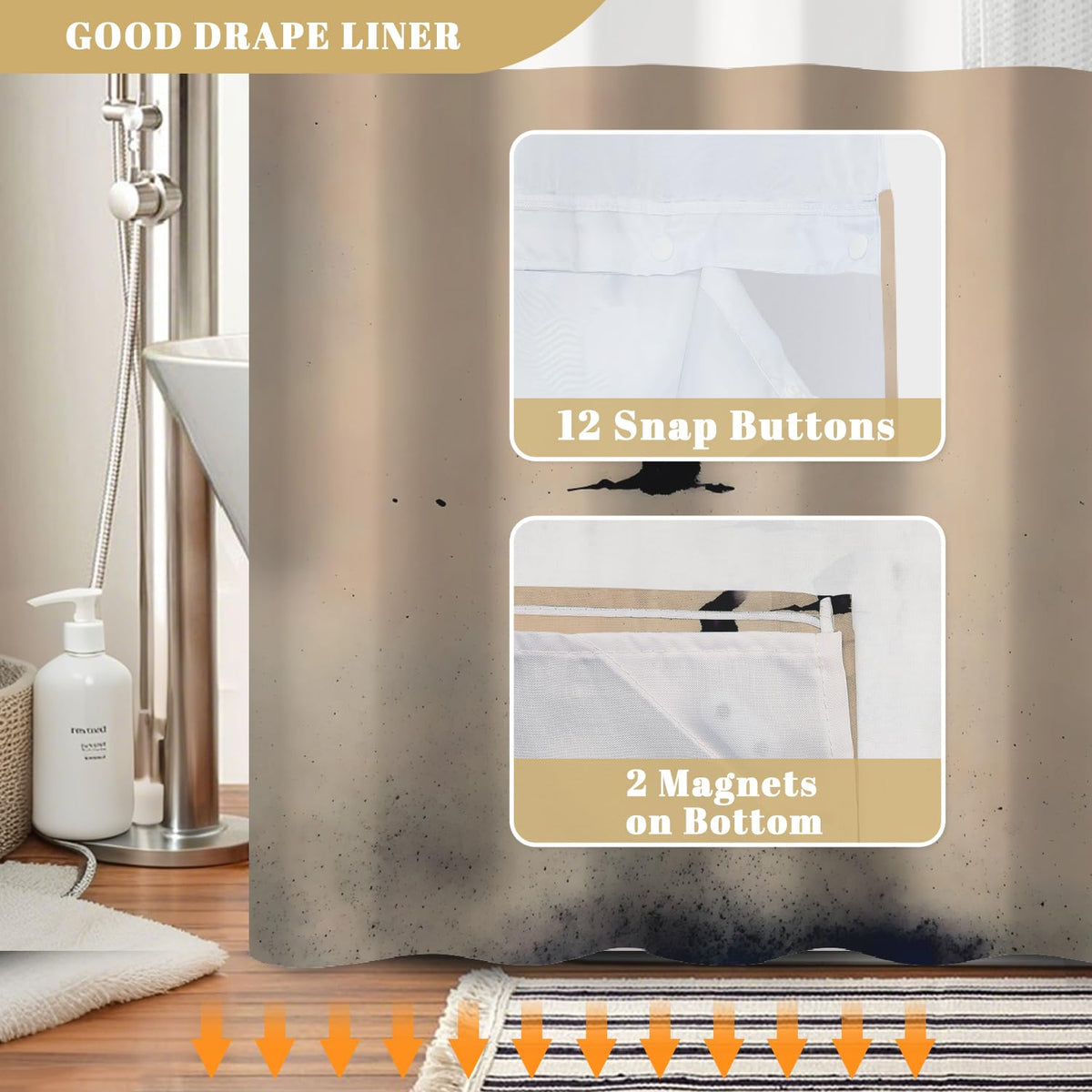 No Hook Shower Curtain with Snap in Liner (Flying Birds)