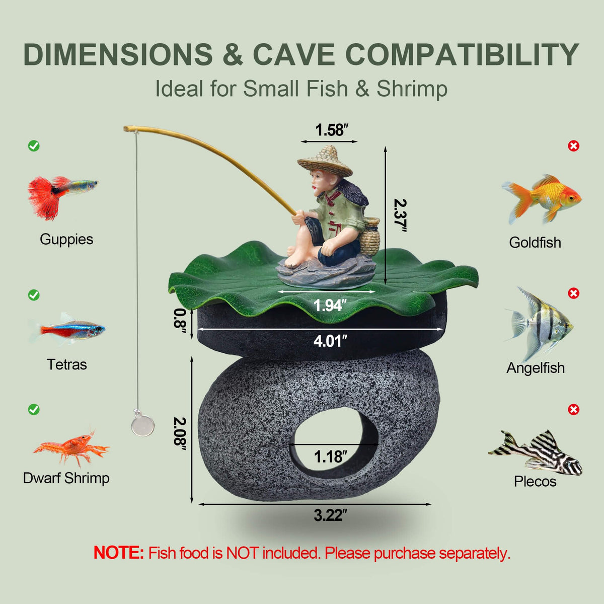 3-in-1 Floating Fish Tank Fisherman Decor, Lotus Pad & Betta Cave (Hideout Cave (3-in-1))