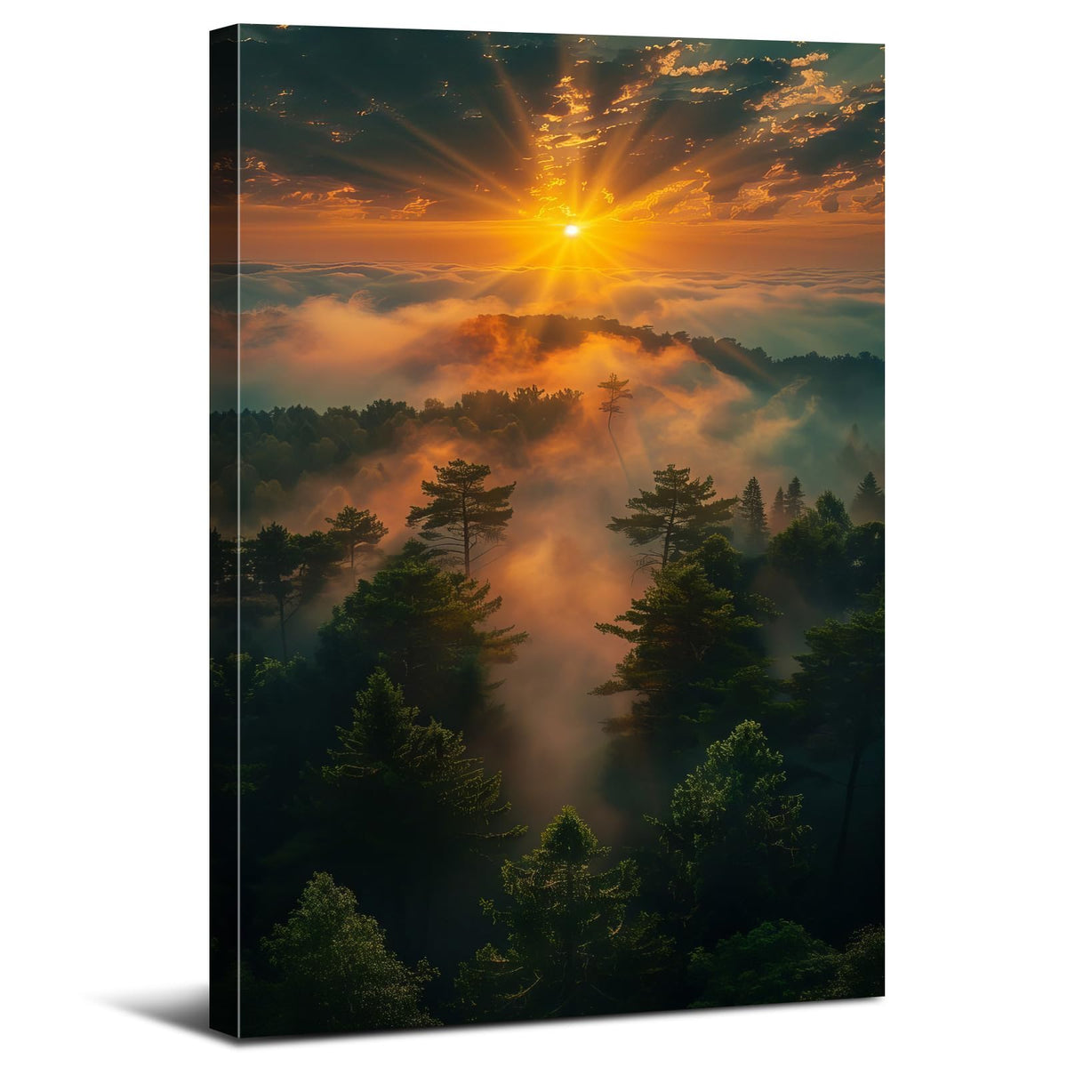 Nature Sunset Landscape Canvas Wall Art for Bedroom Misty Forest Mountain Wall Decor Vintage Fall Pictures for Kitchen Decorations 32x48" (32"L x 48"W / Fall06)