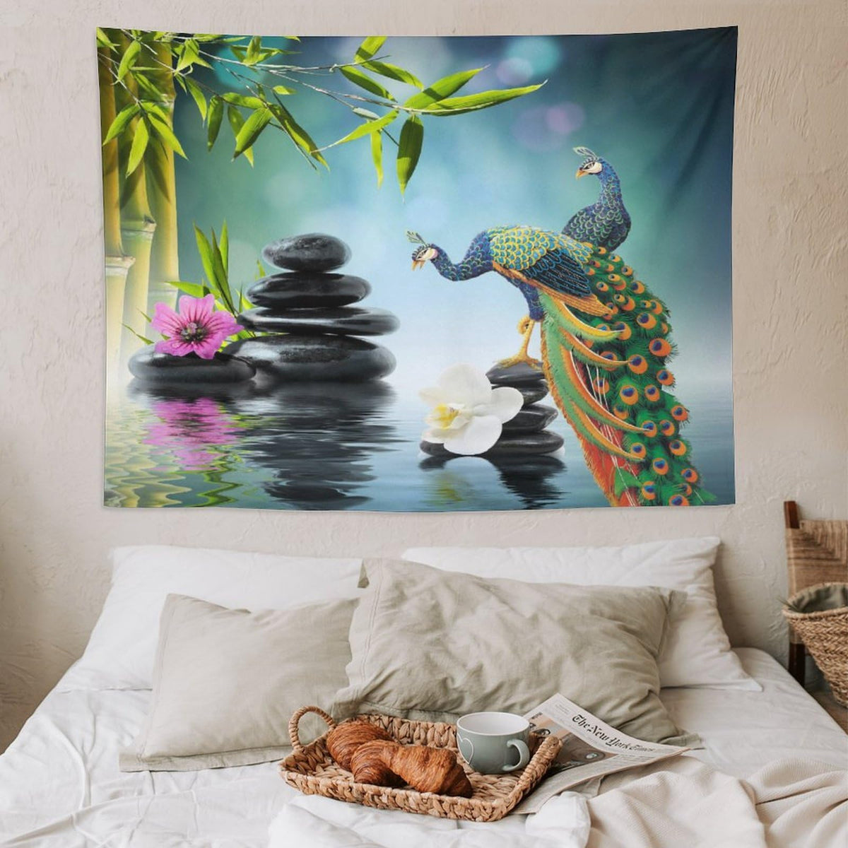 Zen Garden Tapestry Wall Hanging Peacock Green Bamboo Leaf Purple White Flower Black Stone Water Landscape Spa Themed Tapestries Home Decor for Living Room Bedroom 60"x80" (60"L x 80"W / Zen-9)