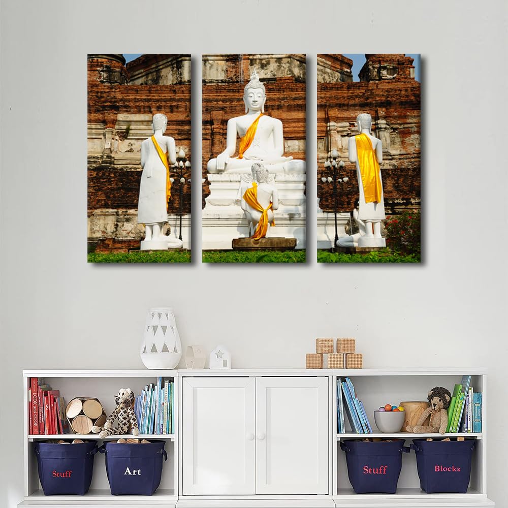 Buddha Canvas Wall Art Modern 3 Panel Living Room Decor Buddha Statue in Ayutthaya Thailand Picture Buddhism Canvas Poster Prints Art for Living Room Wall Decor Stretched Ready to Hang 36x24 in (36x24 in / 3PANEL-01)