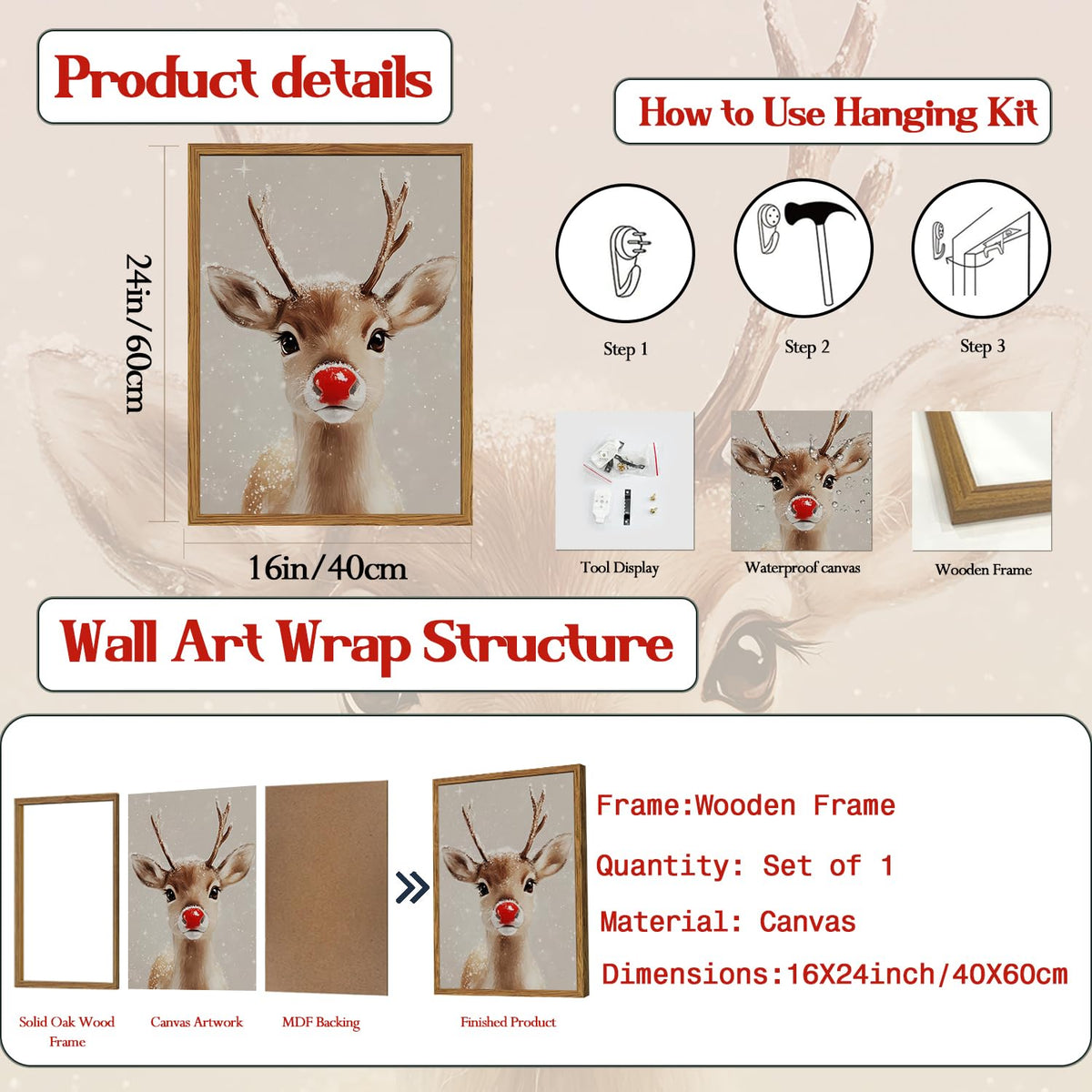 Framed Christmas Wall Art (Deer / 24"L x 16"W)