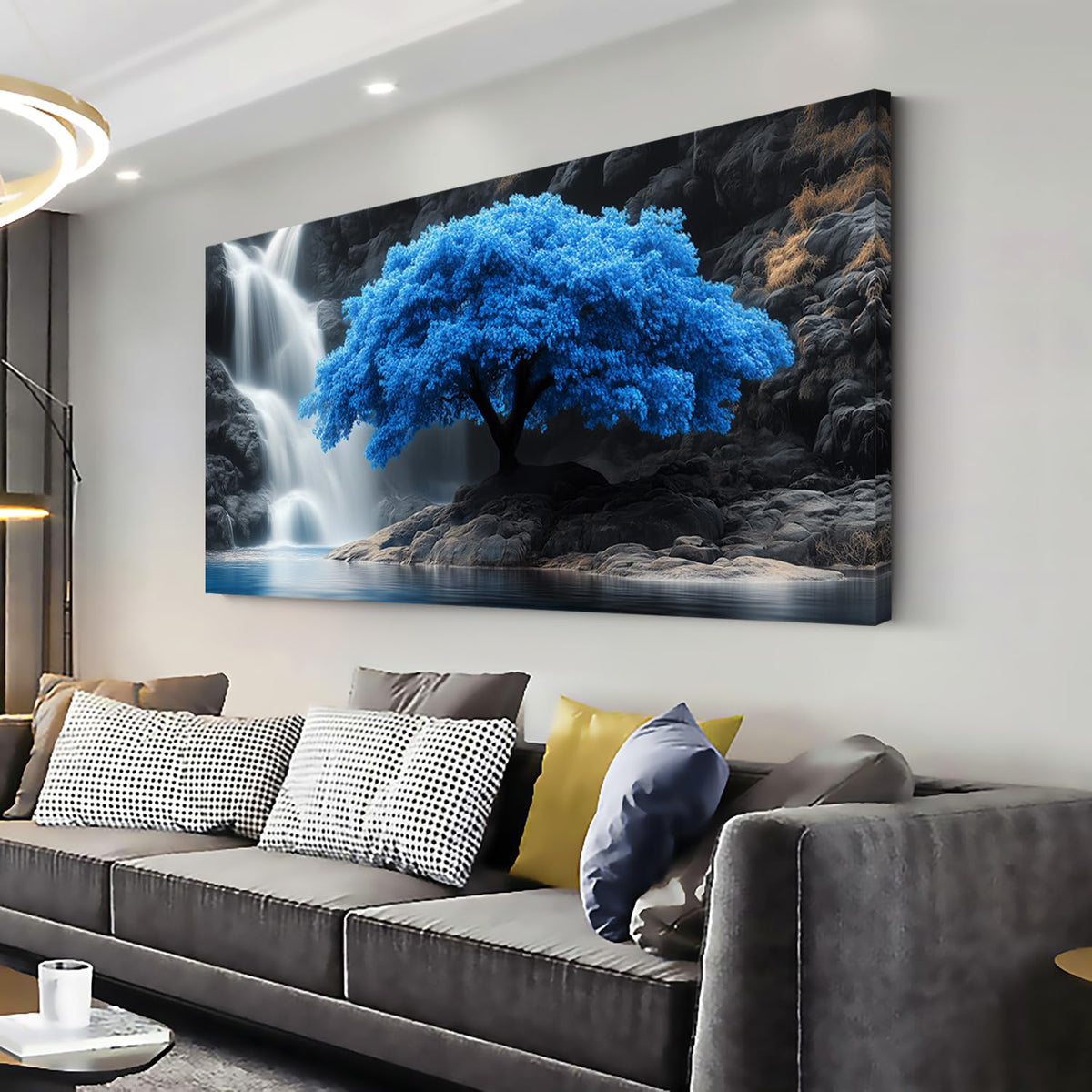 Navy Blue Tree Scenery Wall Art for Living Room Office Waterfall Landscape Art Deco Black and White Scenic Painting Prints Nature Canvas Artwork Over the Couch Bedroom Decor Large (46"L x 23"W / Navy Blue Tree Wall Art (K868))
