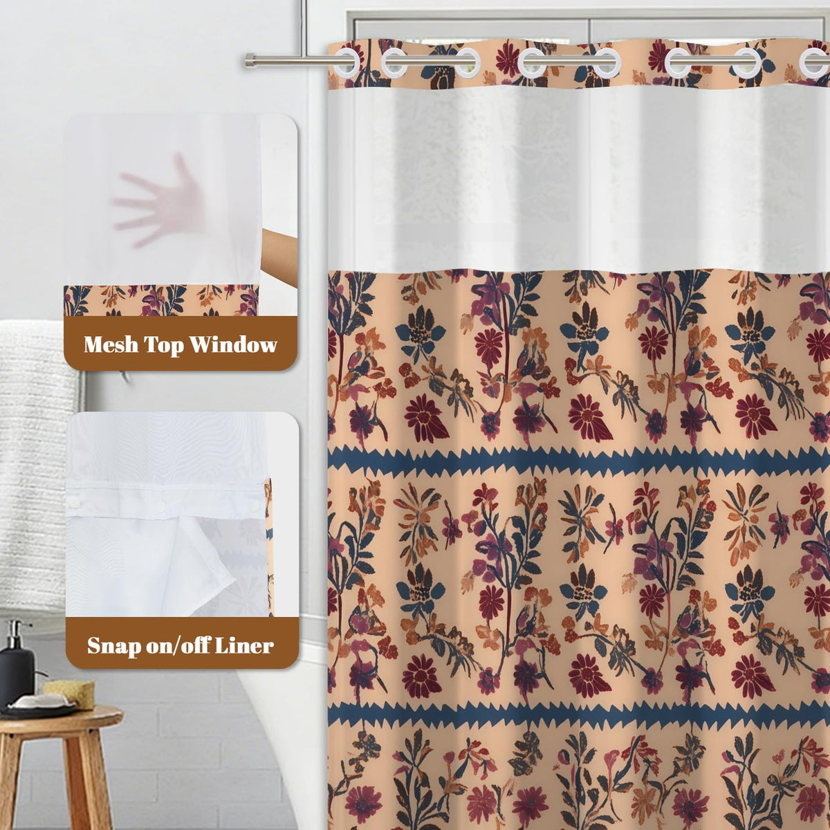 Vintage Boho Floral No Hook Shower Curtain with Snap in Liner (Boho Botanical)