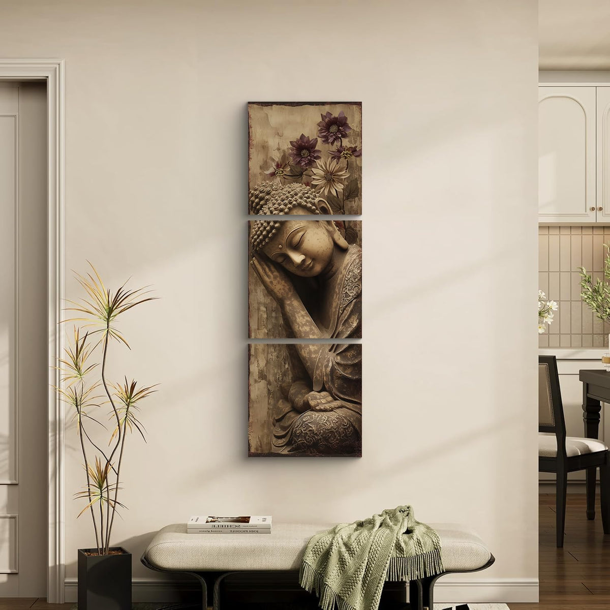 3PCS Serene Sleeping Buddha Canvas Wall Art Print Meditating Buddha Statue with Purple Flowers Peaceful Zen Buddhist Spiritual Pictures for Bedroom Living Room Meditation Room Decor (12"L x 12"W / Sleeping Buddha)