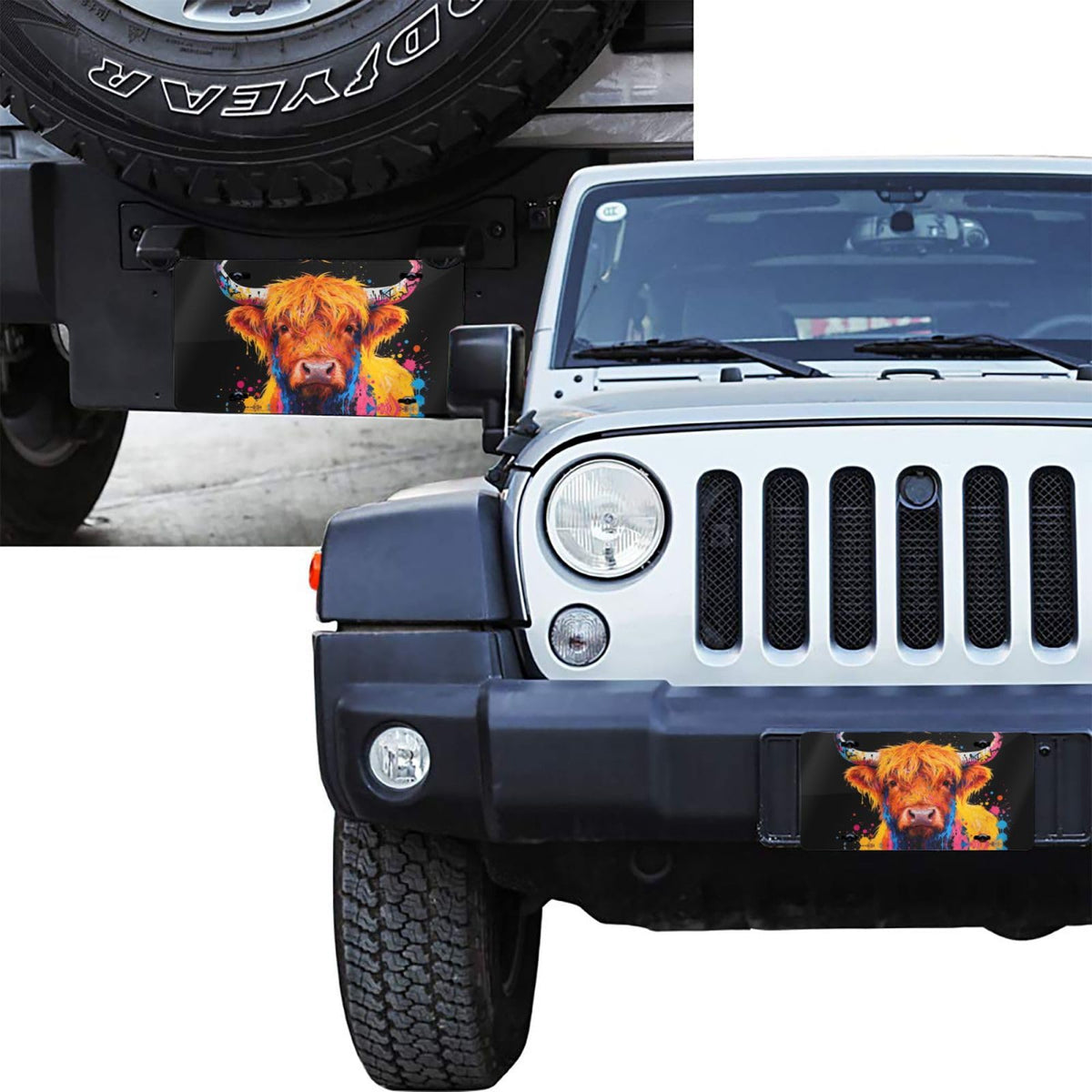 Colorful Splash Cute Highland Cow Front License Plate Aluminum Decorative License Plates Metal Car Plate 6"X12" Novelty Vanity Tag Cover with 4 Holes Car Decor Accessory (Brass / 6 X 12 Inch)