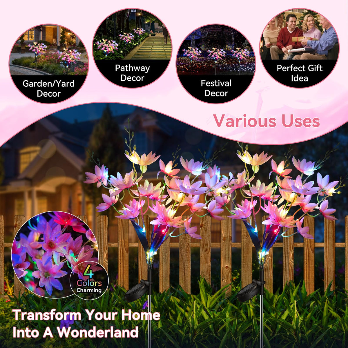 Solar Flowers Outdoor Waterproof IP65 (Pink / 6 Packs)