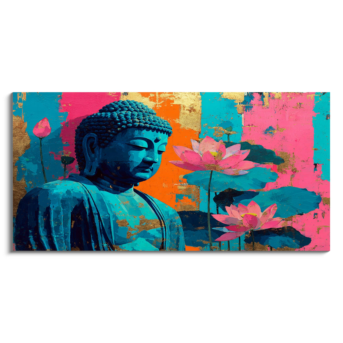 1Pcs Colorful Buddha Lotus Flower Wall Art Canvas Print with Gold Foil Vibrant Zen Meditation Decor Modern Asian Spiritual Artwork for Living Room Bedroom Yoga Studio (40"L x 20"W / 1PCS-Blue Buddha)
