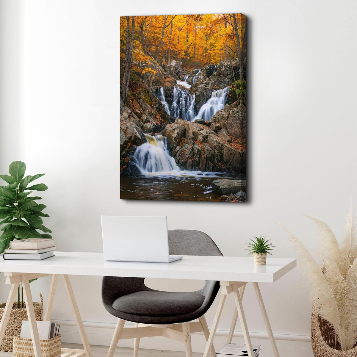 Autumn Orange Forest Wall Art Nature Waterfall Wall Decor Forest River Landscape Picture National Park Posters Rustic Trees Canvas Painting Artwork for Bathroom Living Room Home Decoration 32x48" (48"L x 32"W / Fall Waterfall)