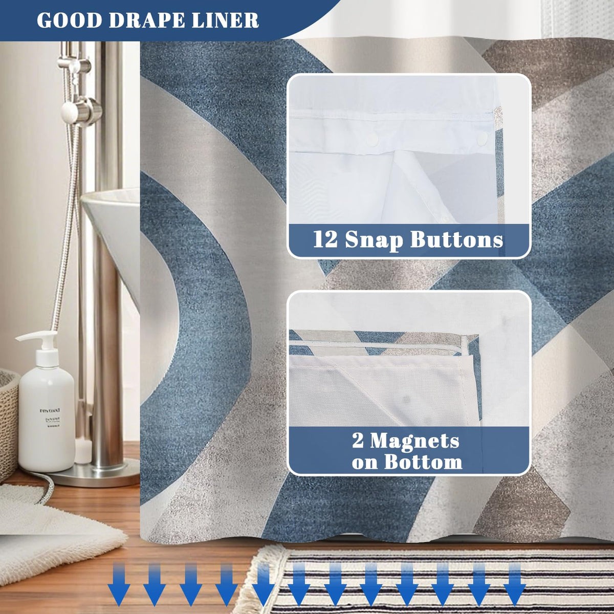 Abstract Geometric No Hook Shower Curtain with Snap in Liner (Abstract-2)