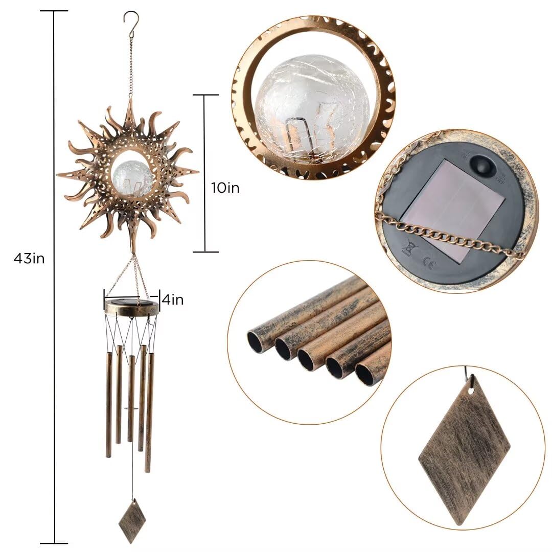 Solar Wind Chimes Sun Decor Gift for Women Cracked Glass Light Wind Chime (Sun)
