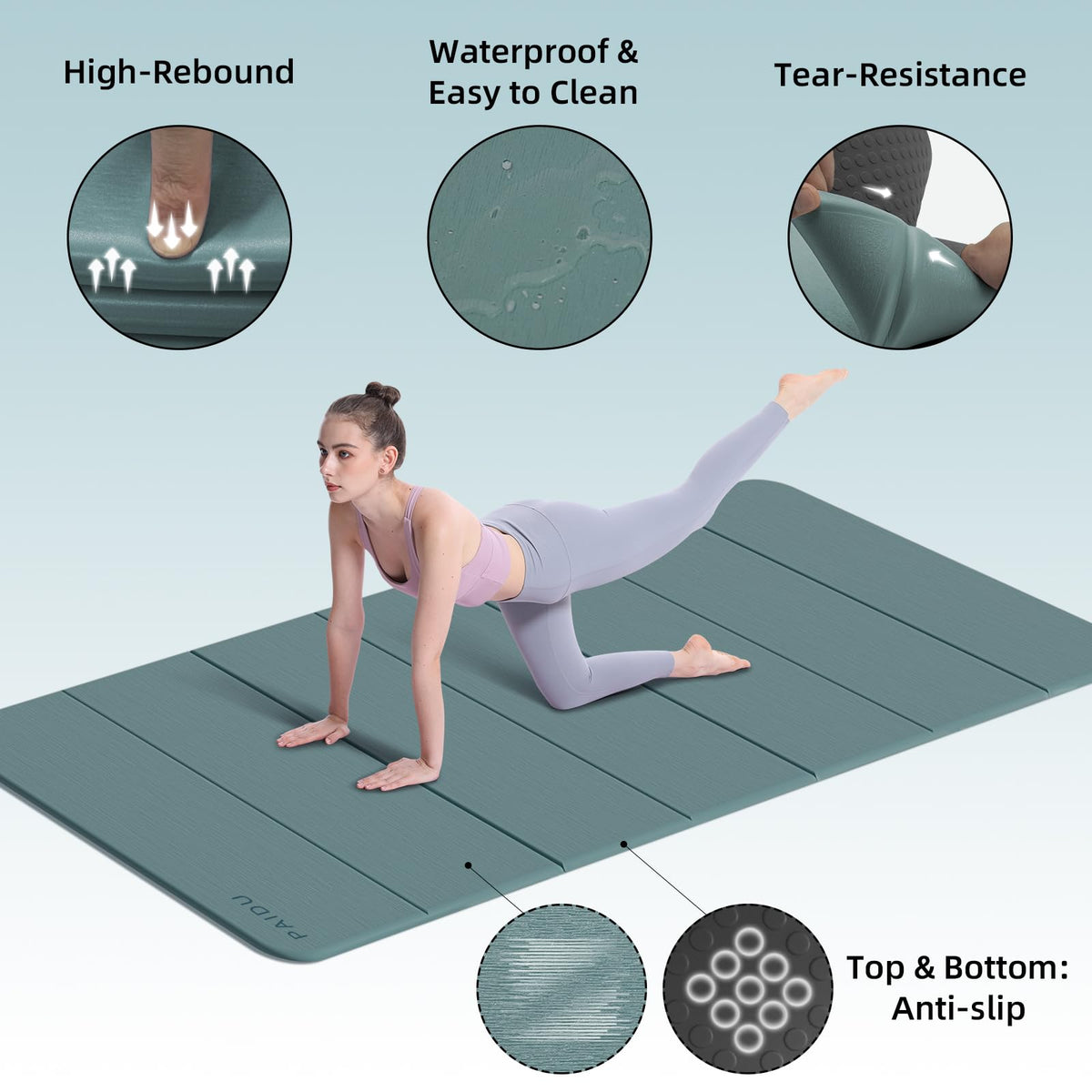 Foldable Yoga Mat 10MM Thick 75‘’x40‘“ Quick Fold Easy Storage (Deep green+Black)