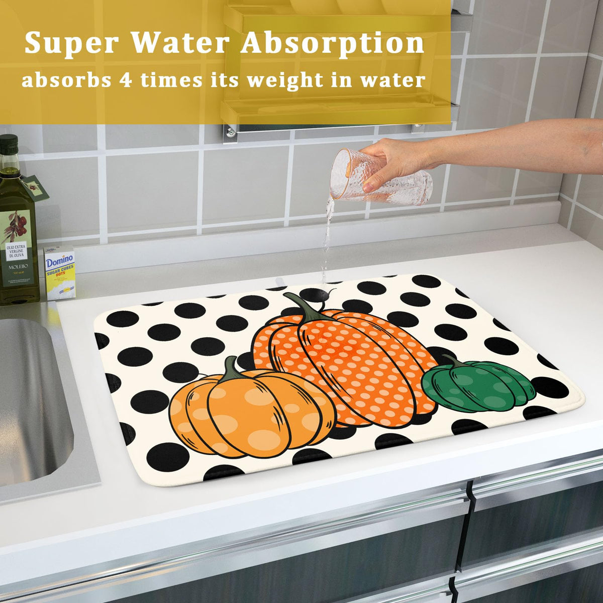 Autumn Pumpkin Dish Drying Mat for Kitchen Counter (Pumpkin and Black Dot230807 / 18" x 24")