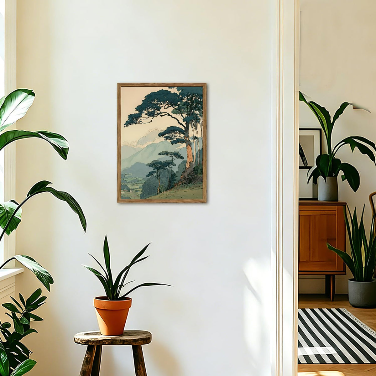 Framed Japanese Zen Landscape Wall Art (Pine Tree / 16"L x 12"W)