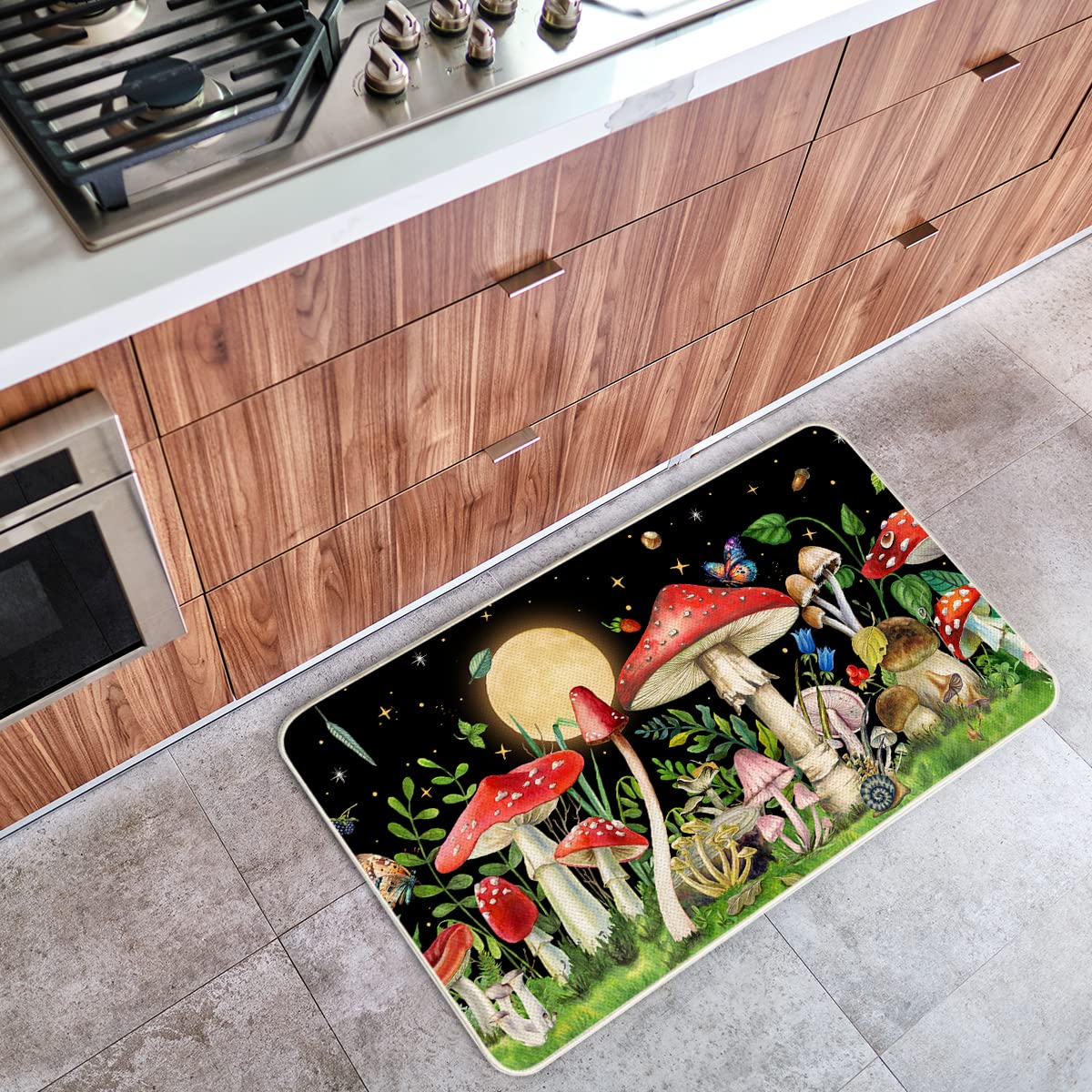 Mushroom Kitchen Rug Set of 2 Cute Kitchen Mats 17"x 29"+17"x47" (Mushroom / 17" x 29" + 17" x 47" (Rectangular))