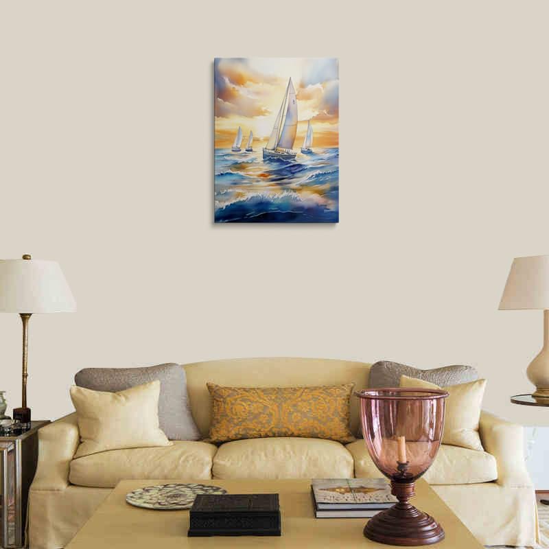 Sunset Sailboats Ocean Watercolor Canvas Wall Art Framed Painting Seascape Wall Decor Artwork Print Poster Calming Peaceful Blue Waves Golden Sky Coastal for Bathroom Living Room Bedroom 16x24 Inches (sailboat / 24"L x 16"W)