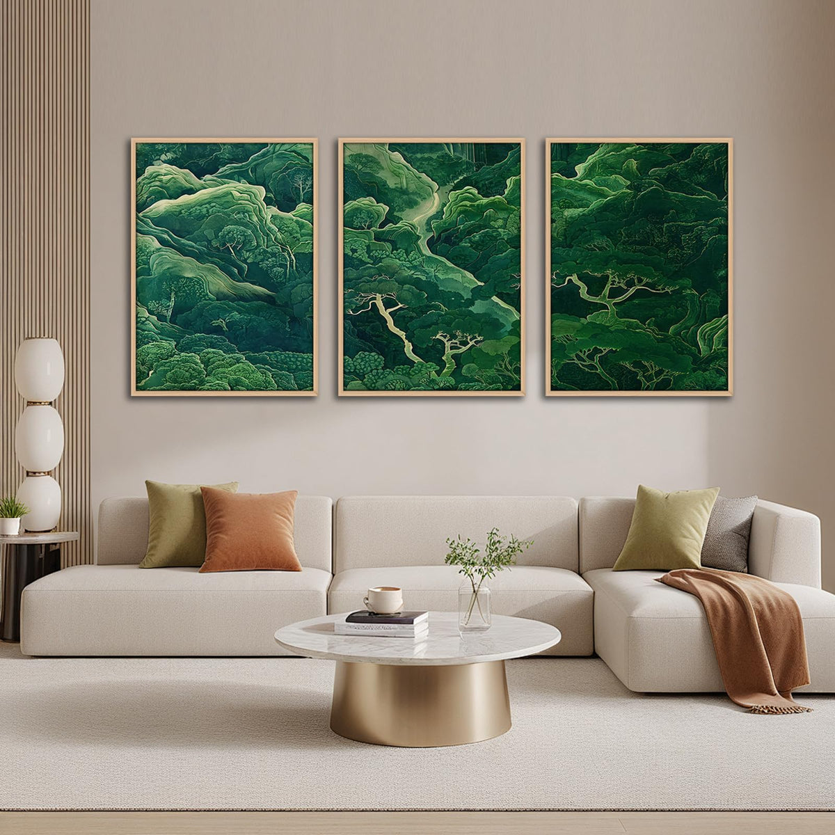3Pcs Green Japanese Forest Wall Art Ukiyoe Nature Mountain Canvas Prints (Green Forest / 16x24 Inches)