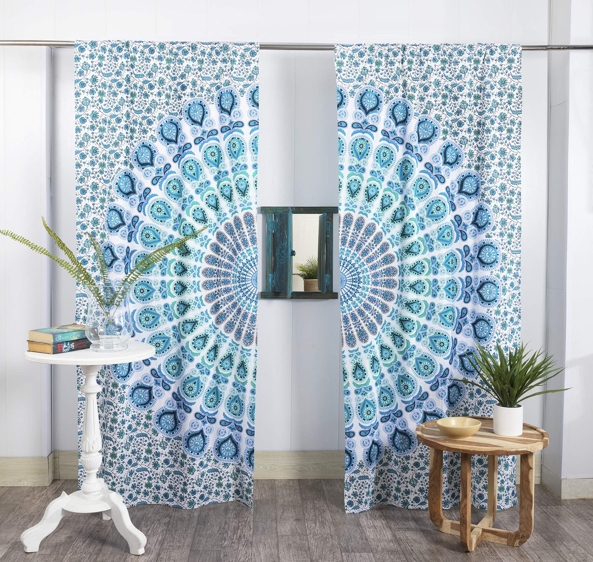 Indian Hippie Bohemian Beautiful Peacock Mandala Window Curtain Panels White Blue (White Blue Teal Green / 84"W x 100"L (Pack of 2))