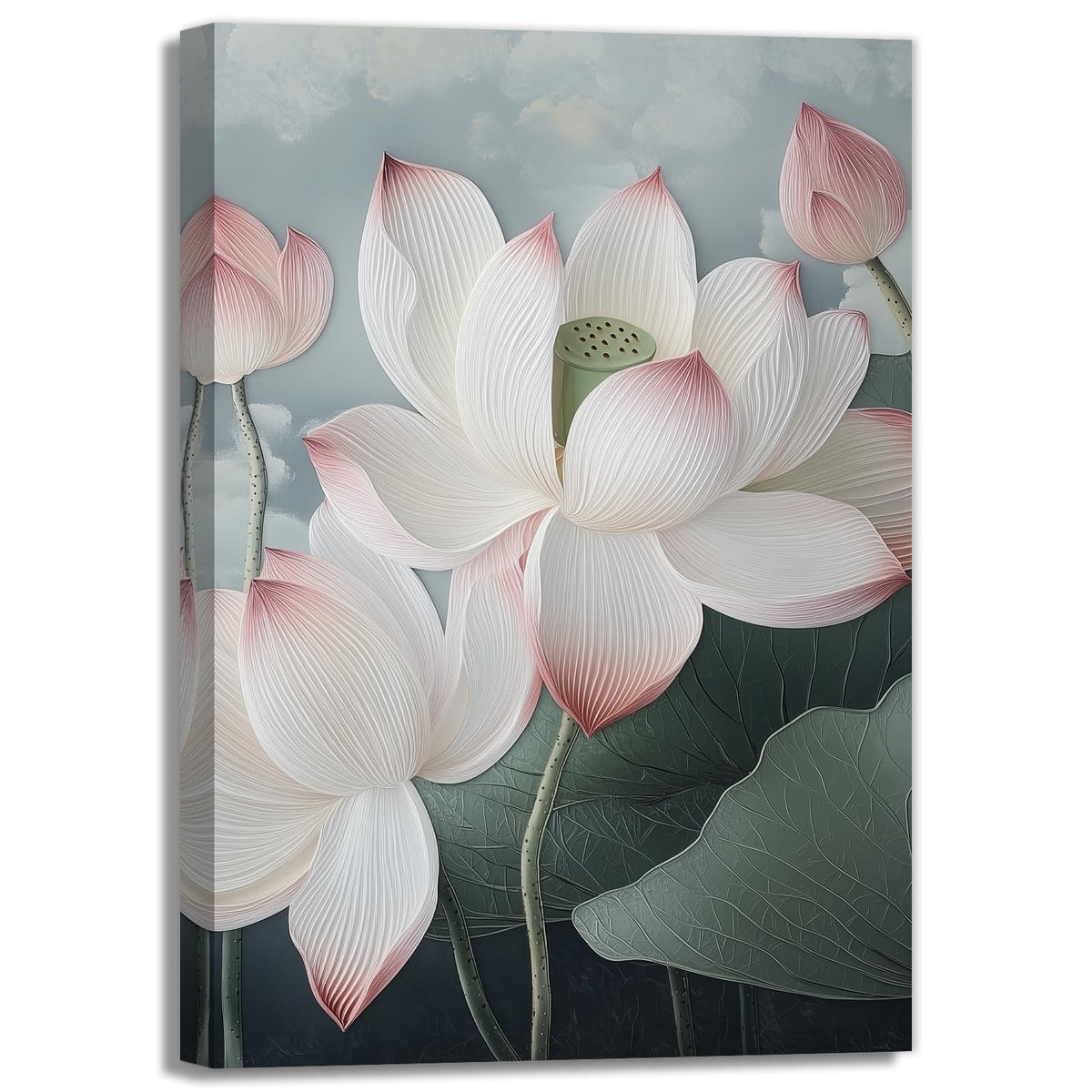 Lotus Canvas Wall Art White Pink Lotus Flower Picture Print Zen Wall Decor Spa Painting Spiritual Artwork For Meditation Room Decor Framed (Artwork-2 / 24"L x 16"W)