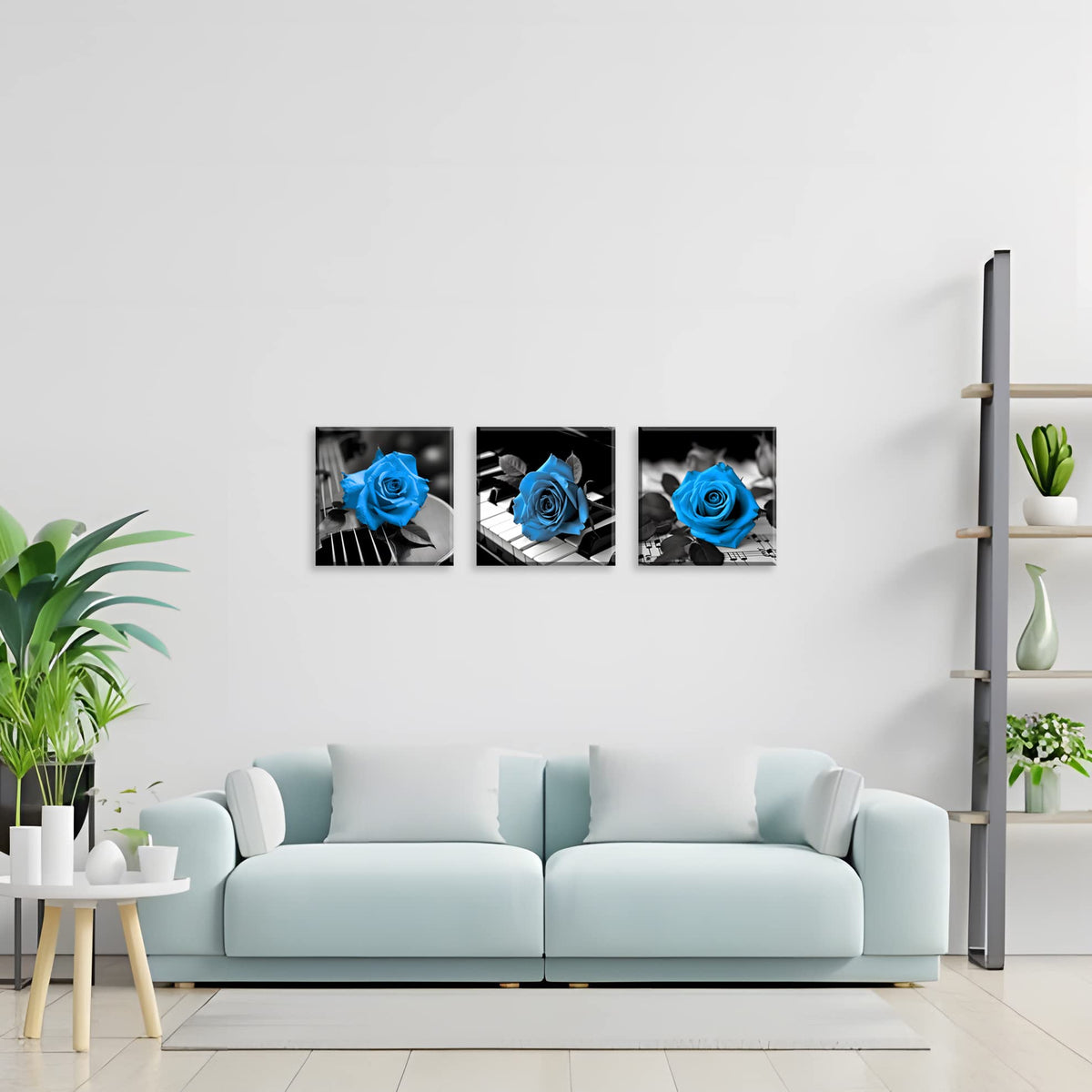 Blue Wall Decor for Living Room Blue Bathroom Accessories Black and White Canvas Wall Art Blue Rose Music Pictures Bedroom Decor Modern Painting Kitchen Home Decorations 16x16 3 Pcs (16 x 16 inches (3-Piece Set) / Blue Rose & Music)
