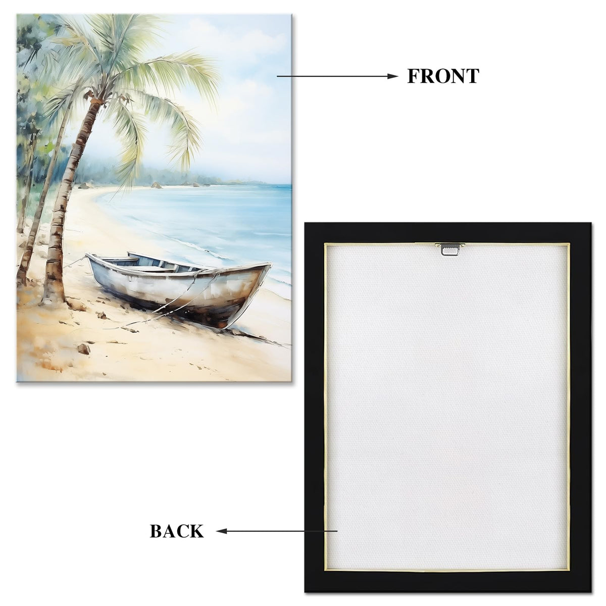 Boat and Palm Trees by the Sea Canvas Wall Art Decor Print Nursery Pictures Home Decor for Living Room Bedroom Wood Framed 12x16 Inches (16"L x 12"W / Boat)