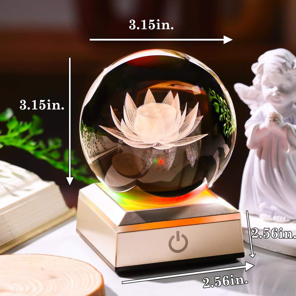 Crystal 3.14 Engraving Lotus Flower Figurine Ball with Colorful LED Base (Lotus)