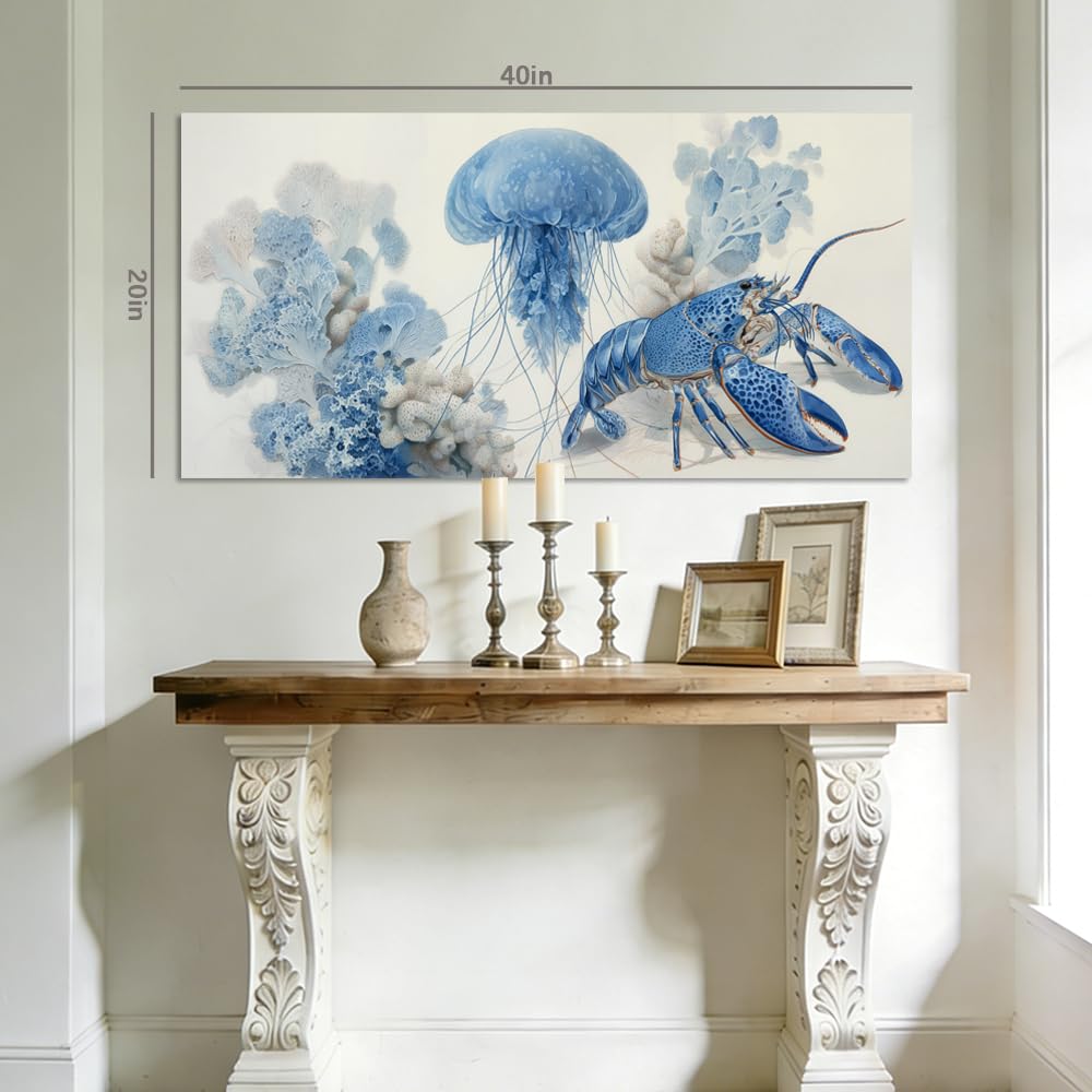 Blue Ocean Animal Canvas Wall Art Lobster Jellyfish Coastal Watercolor Painting Flat Print Gallery Wrapped Artwork for Living Room Bedroom Bathroom Decor (Retro / Blue Lobster and Jellyfish 29 / 58"L x 28"W)