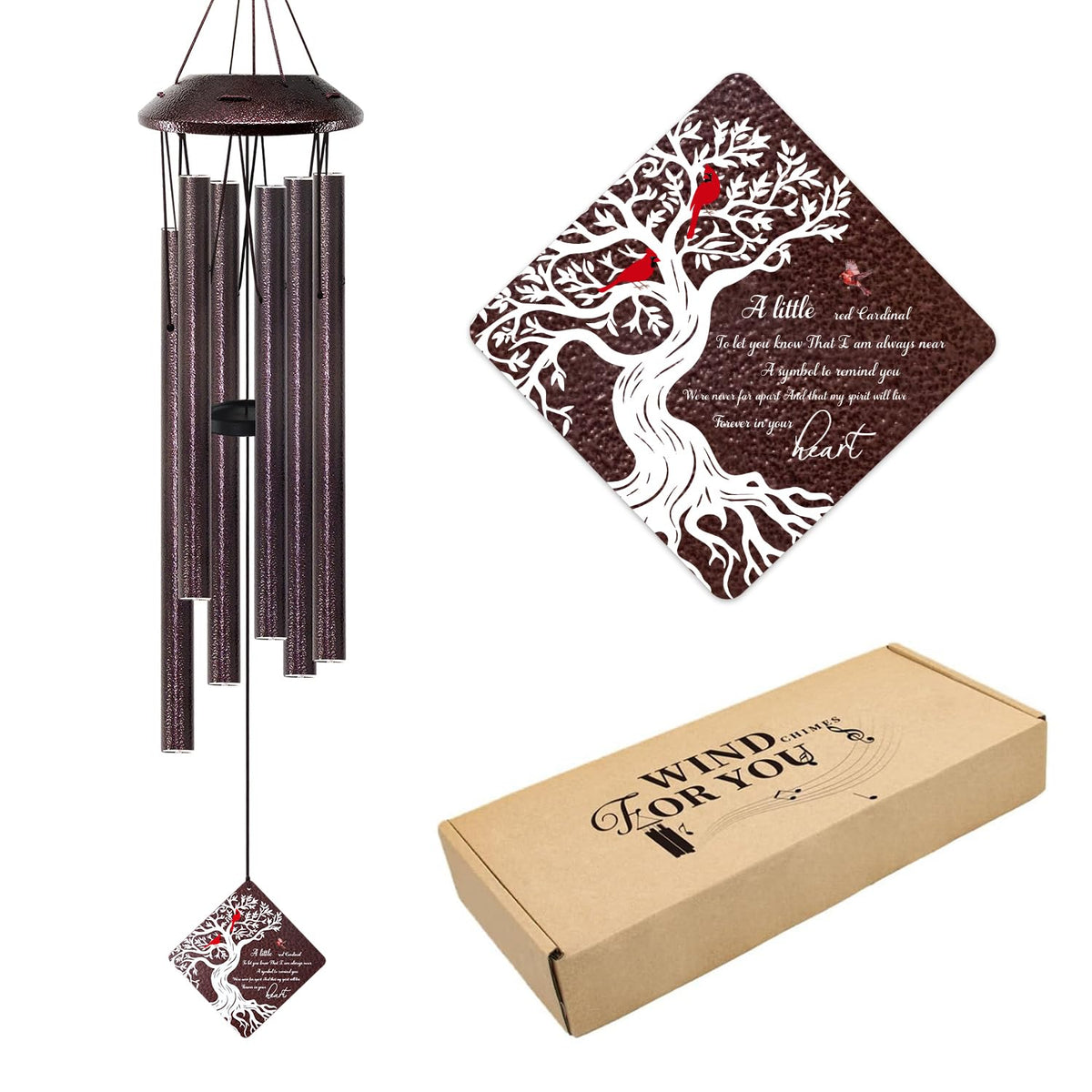 Cardinal Memorial Wind Chimes 32in All Metal Sympathy Gift Outdoor Garden (Cardinal Bird in My Heart)