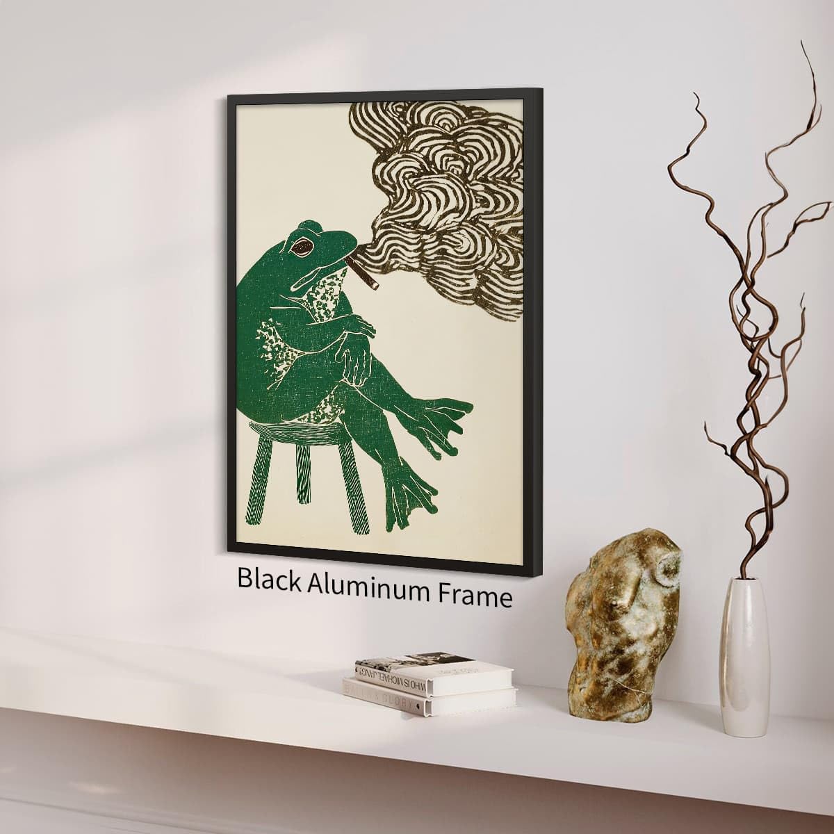 Black Framed Japanese Wall Art Funny Frog Smoking a Cigarette Poster Retro Oriental Asia Animals Print Ukiyo (Black Framed / Japanese Art 005 / 16"L x 12"W)